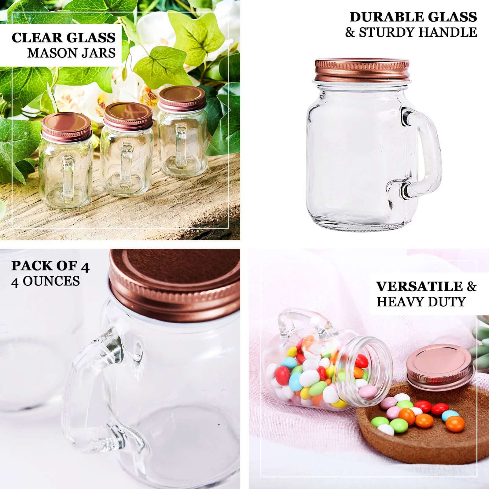 4-Pack Clear Glass Mason Jars 4oz Rustic Design with Handles and Rose Gold Screw-On Lids - Stylish Storage for Beverages & Decor - Image 4