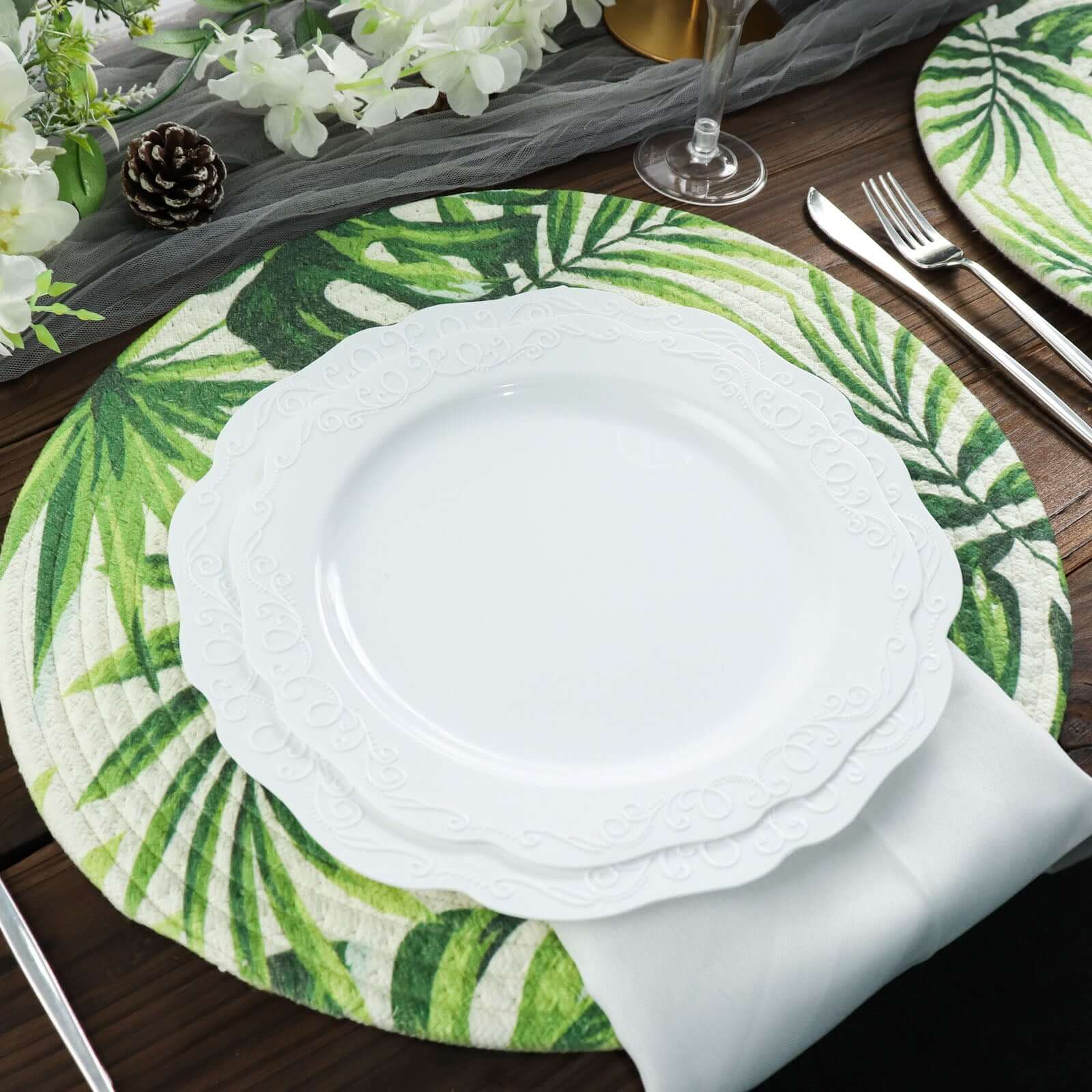 4-Pack Cotton Table Placemats 15" Round Braided Tropical Leaf Design Green - Indoor/Outdoor Dining Table Mats - Image 2