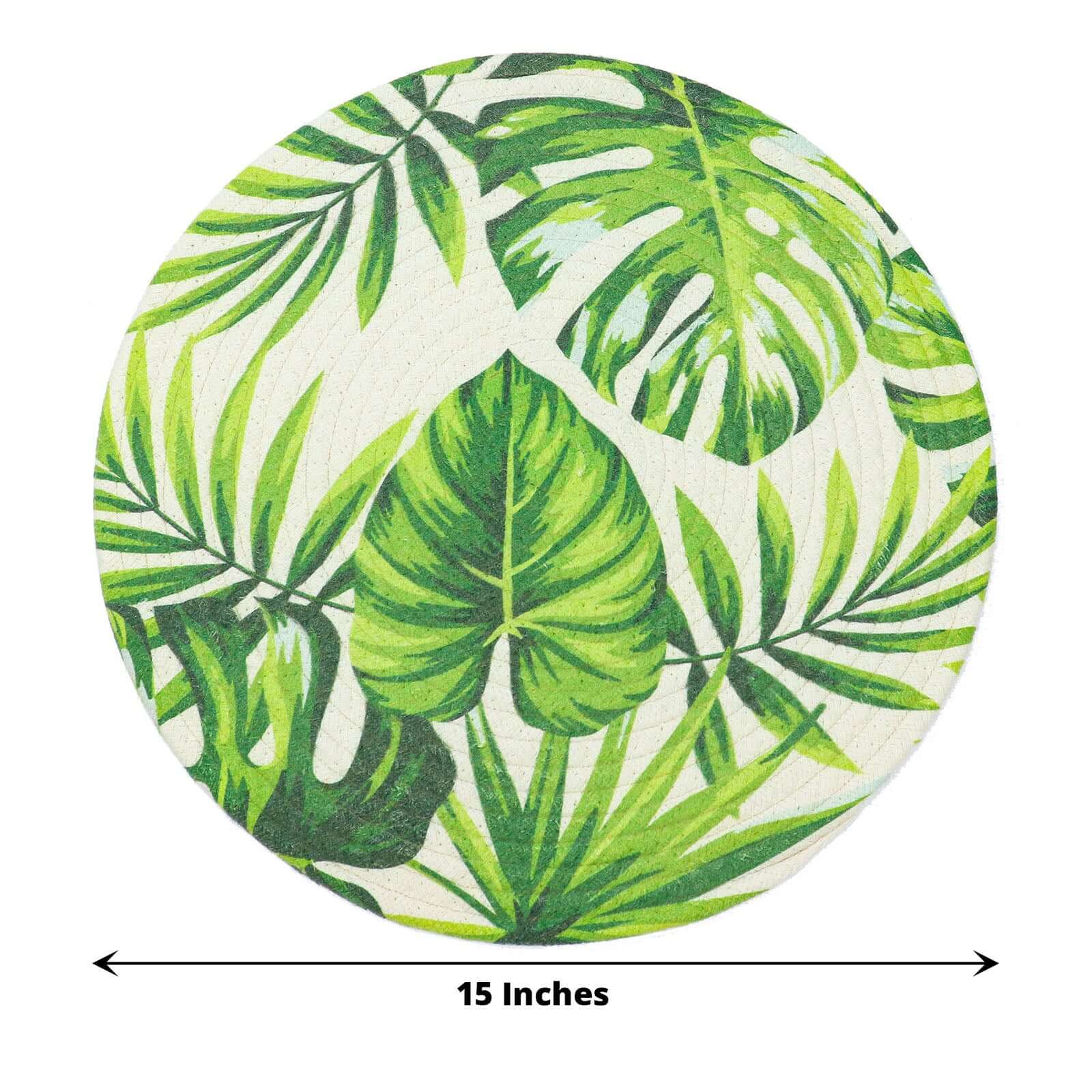 4-Pack Cotton Table Placemats 15" Round Braided Tropical Leaf Design Green - Indoor/Outdoor Dining Table Mats - Image 3