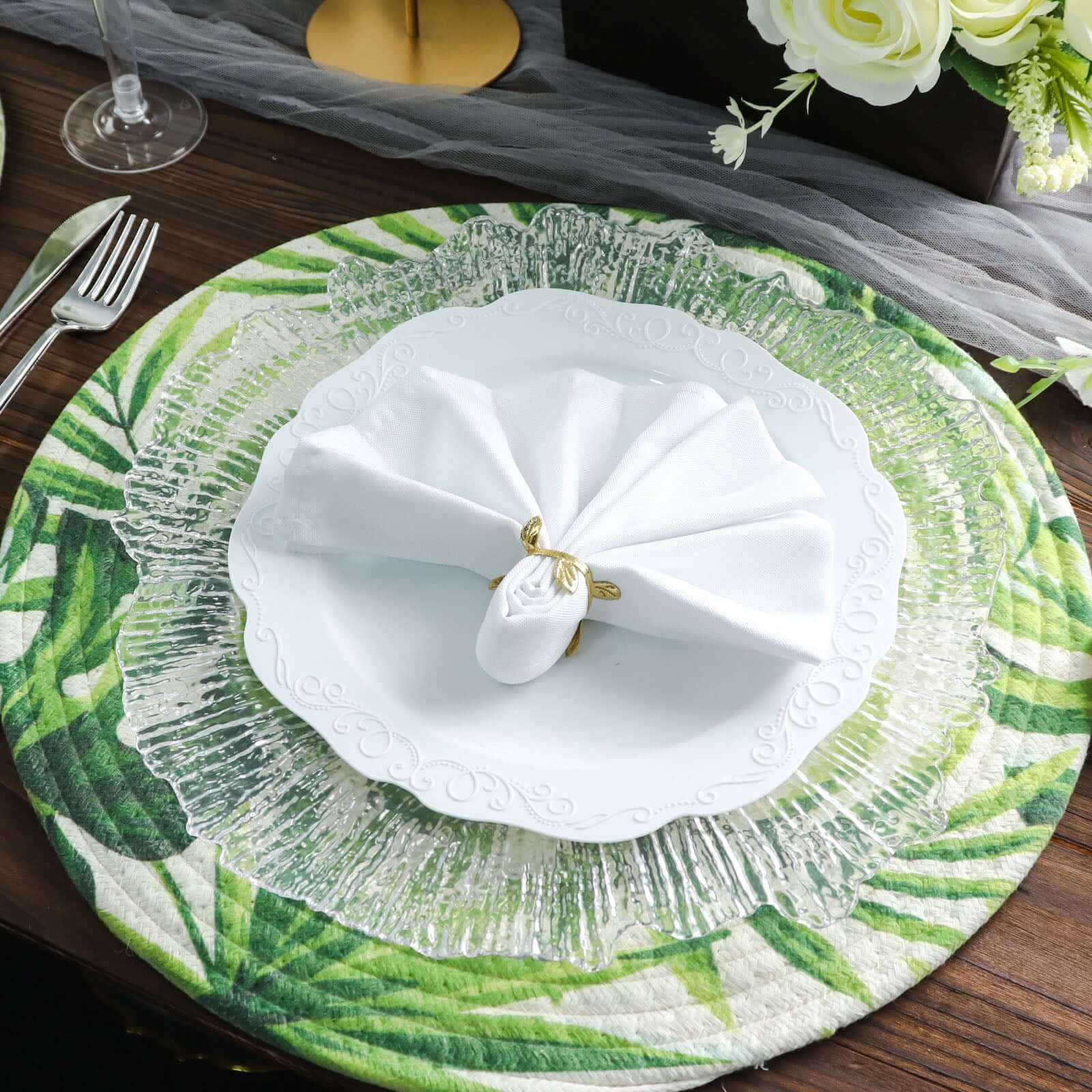 4-Pack Cotton Table Placemats 15" Round Braided Tropical Leaf Design Green - Indoor/Outdoor Dining Table Mats - Image 6