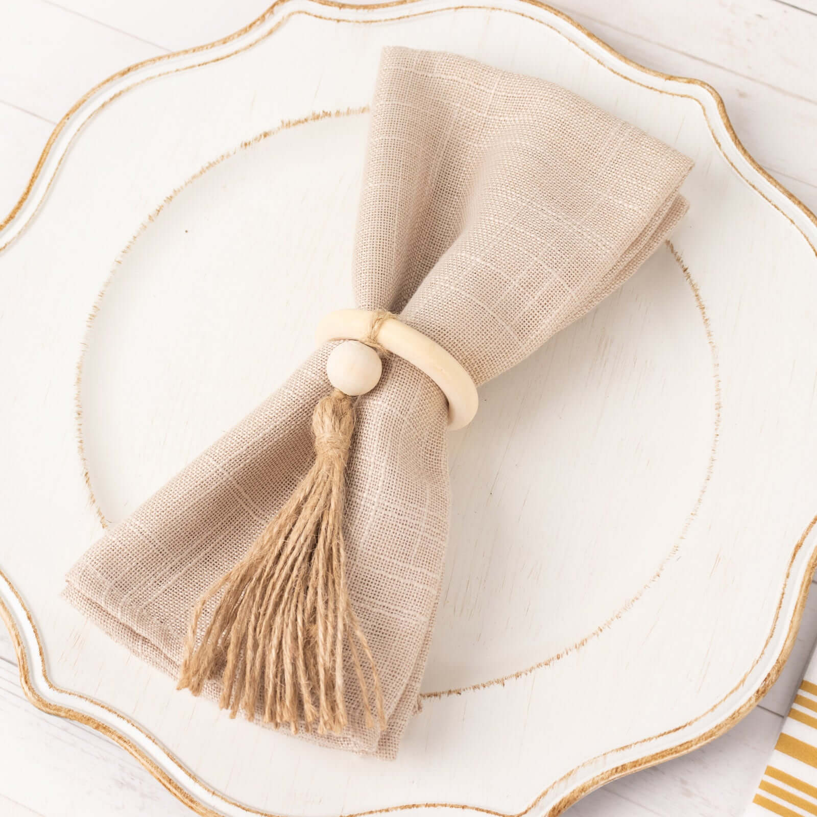 4 Pack Cream Wooden Napkin Rings with Woven Jute Beaded Tassel, Farmhouse Style Dinner Serviette Buckles - Image 10