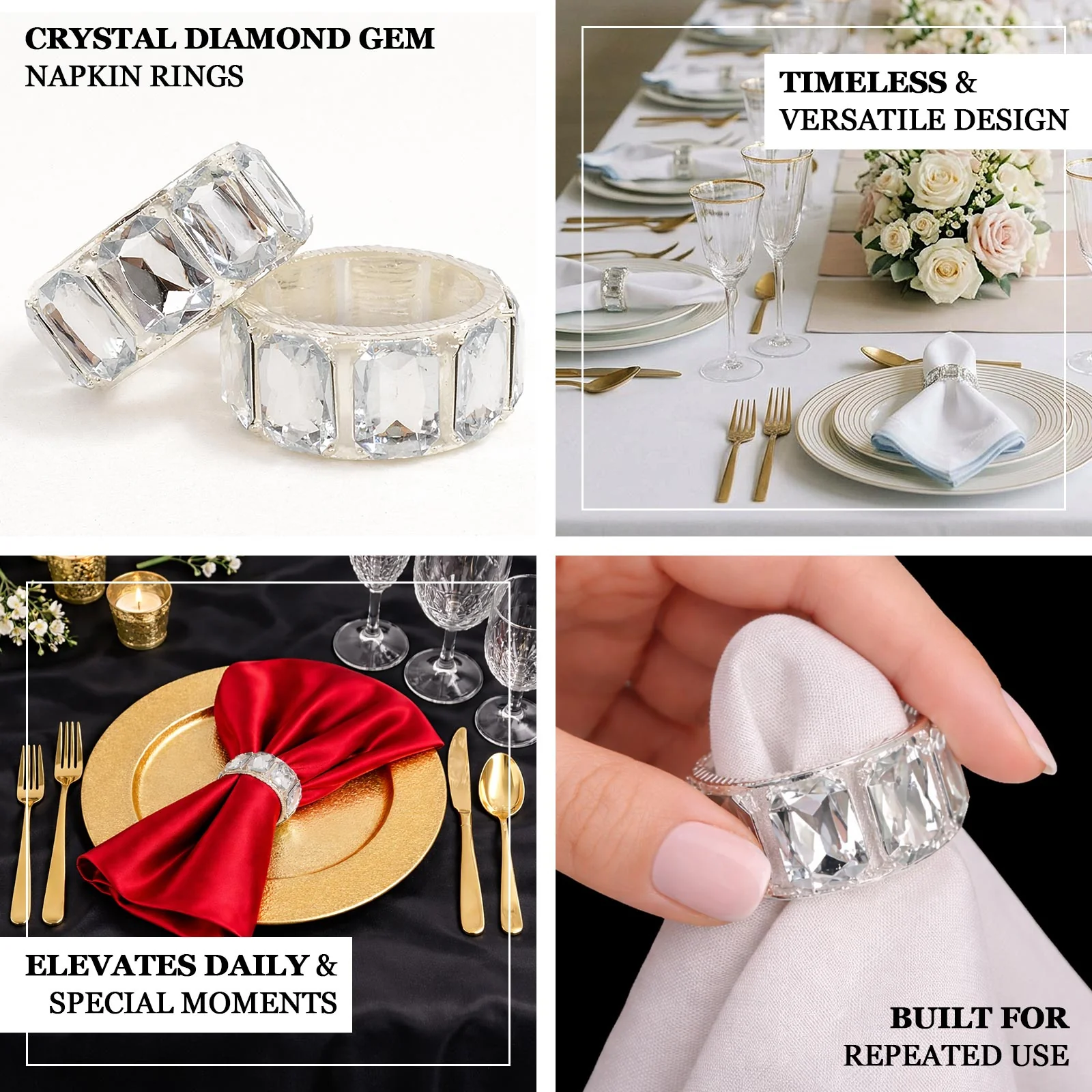 4 Pack Crystal Diamond Gem Napkin Rings, Elegant Decorative Napkin Holders for Table Settings - Image 3