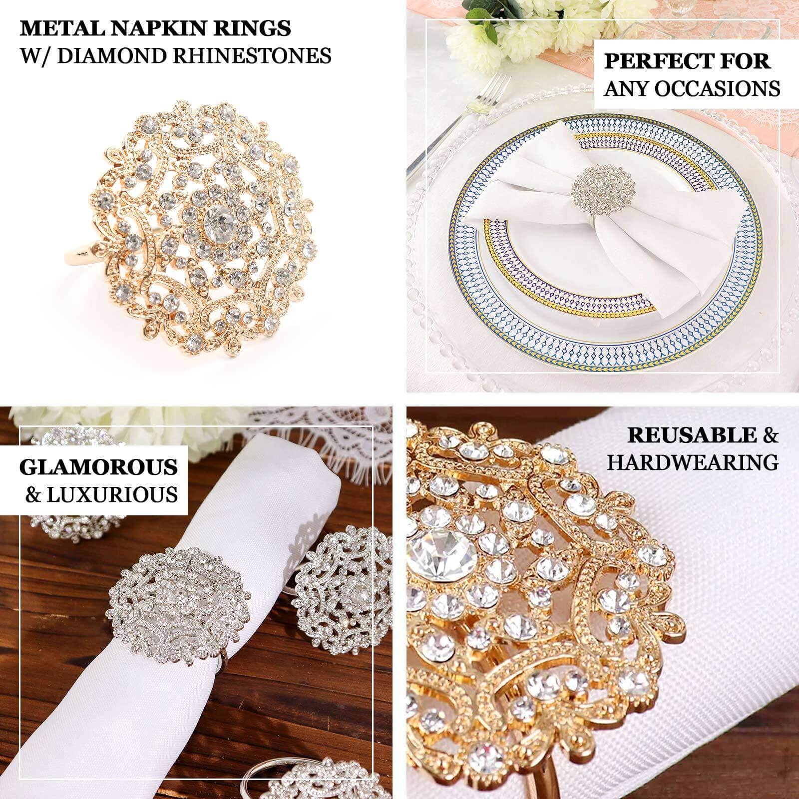 4 Pack Diamond Rhinestone Gold Metal Flower Napkin Rings, Decorative Napkin Buckle Holders - Image 4