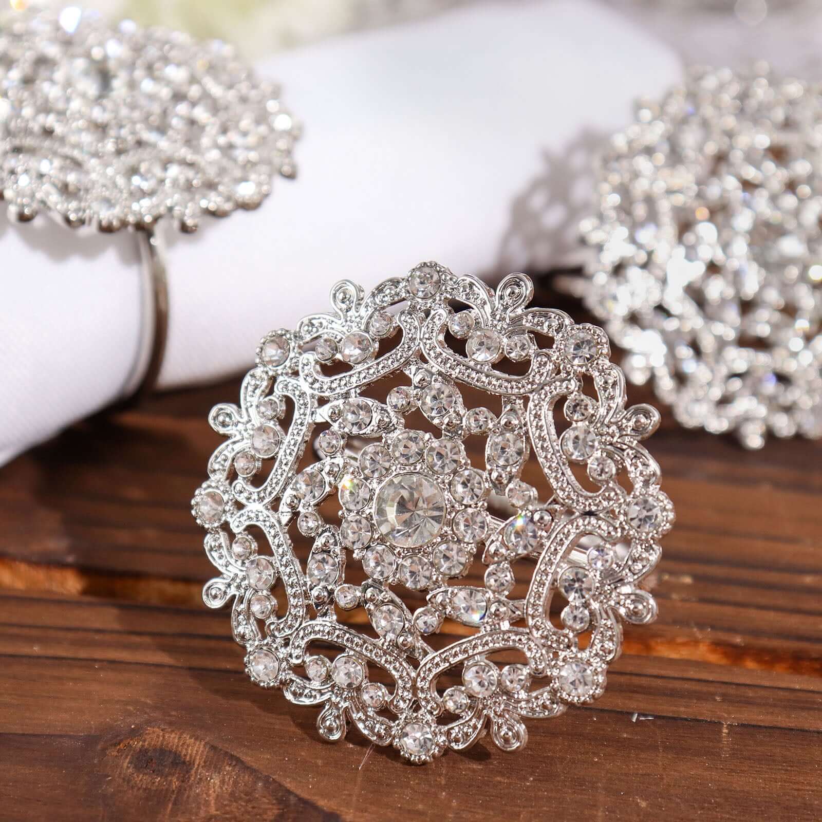 4 Pack Diamond Rhinestone Silver Metal Flower Napkin Rings, Decorative Napkin Buckle Holders - Image 2