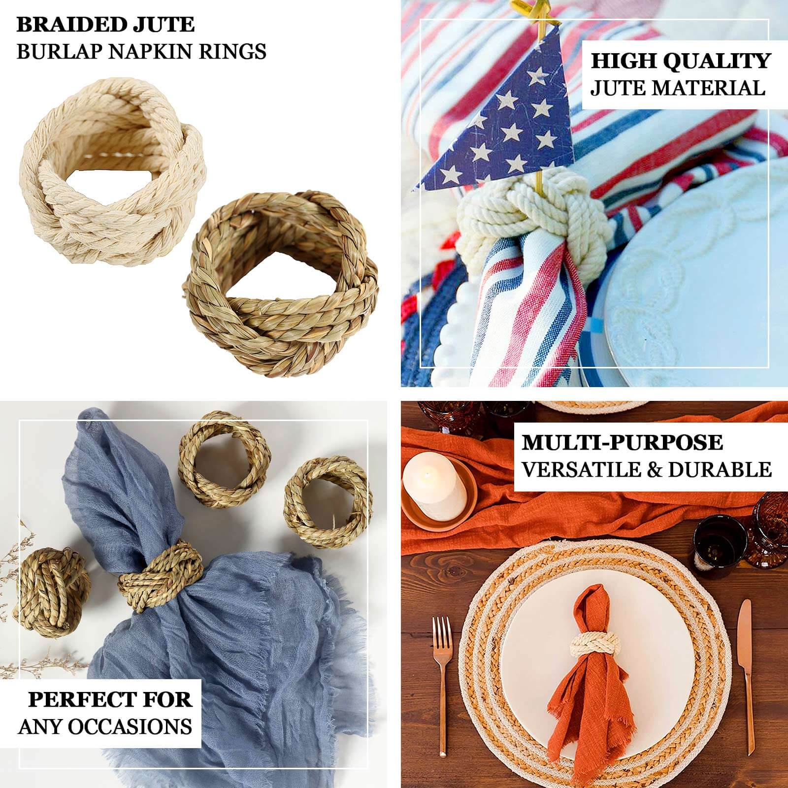4 Pack Farmhouse Style Natural Burlap Napkin Rings, Handmade Braided Jute Napkin Holders - Image 4