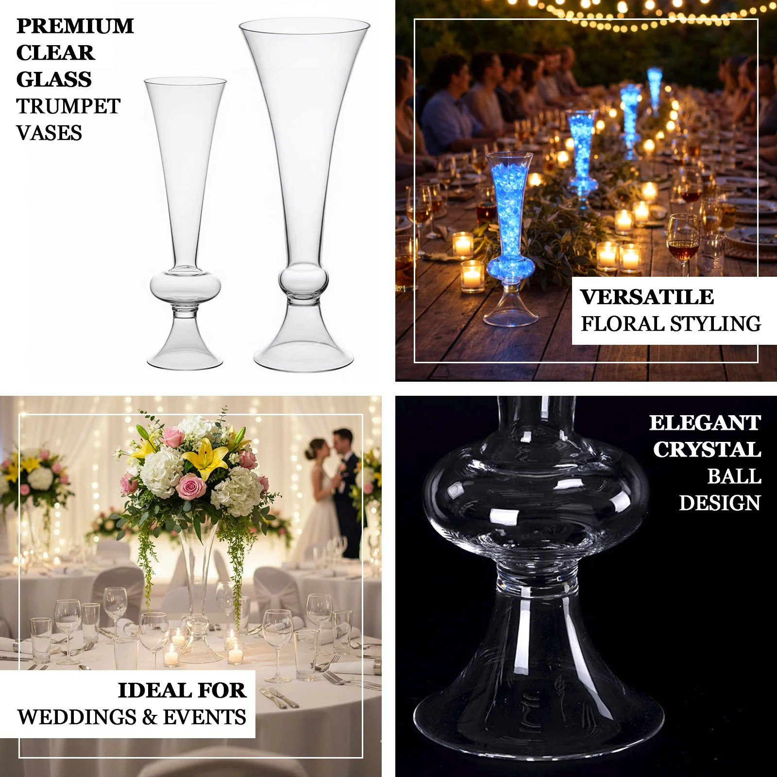 4-Pack Glass Trumpet Vases Crystal Ball Design 15" Clear - Reversible Centerpieces for Weddings - Image 4