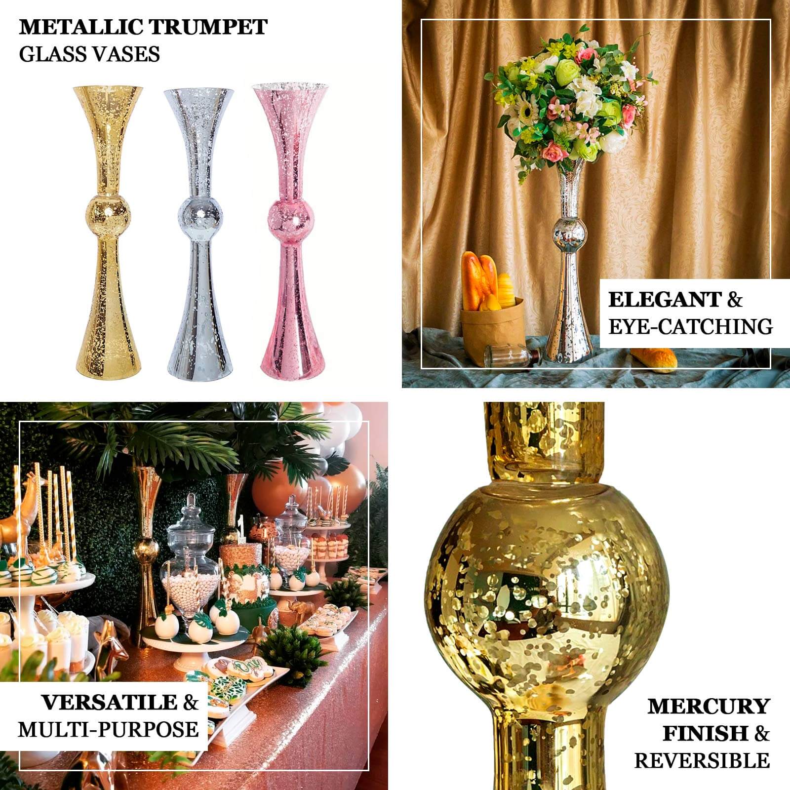 4-Pack Glass Trumpet Vases Reversible Latour Design 24" Clear - Decorative Flower Centerpieces for Weddings - Image 4