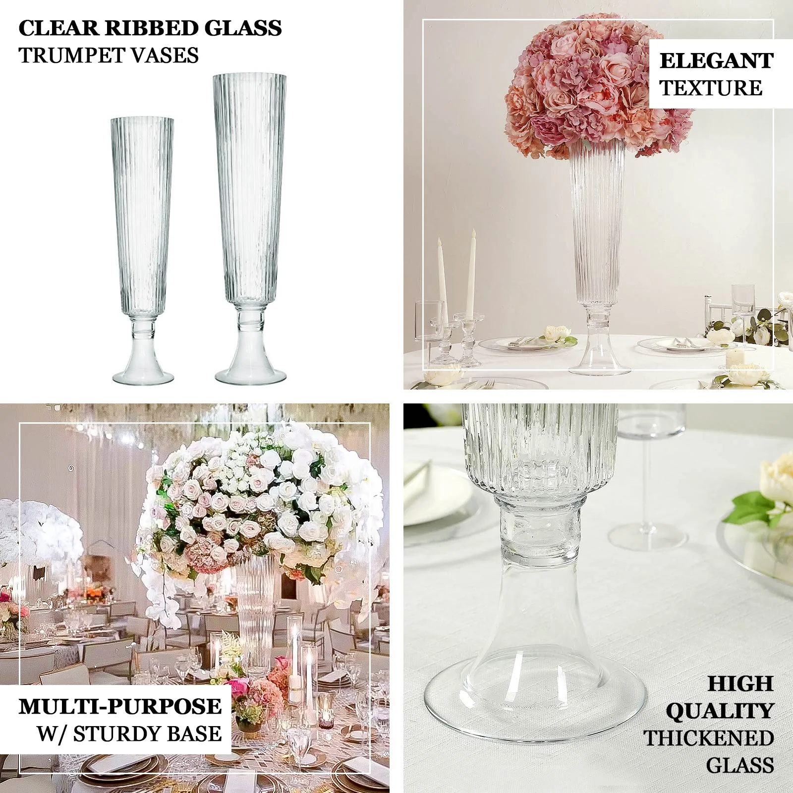 4-Pack Glass Trumpet Vases Ribbed Design 26" Clear - Heavy Duty Floral Wedding Centerpieces - Image 3