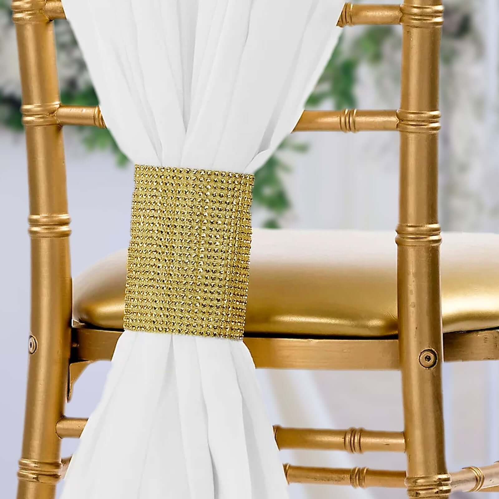 4 Pack Gold Large Rhinestone Mesh Velcro Chair Sash Clips, Backdrop Curtain Bands 5"X10" - Image 2