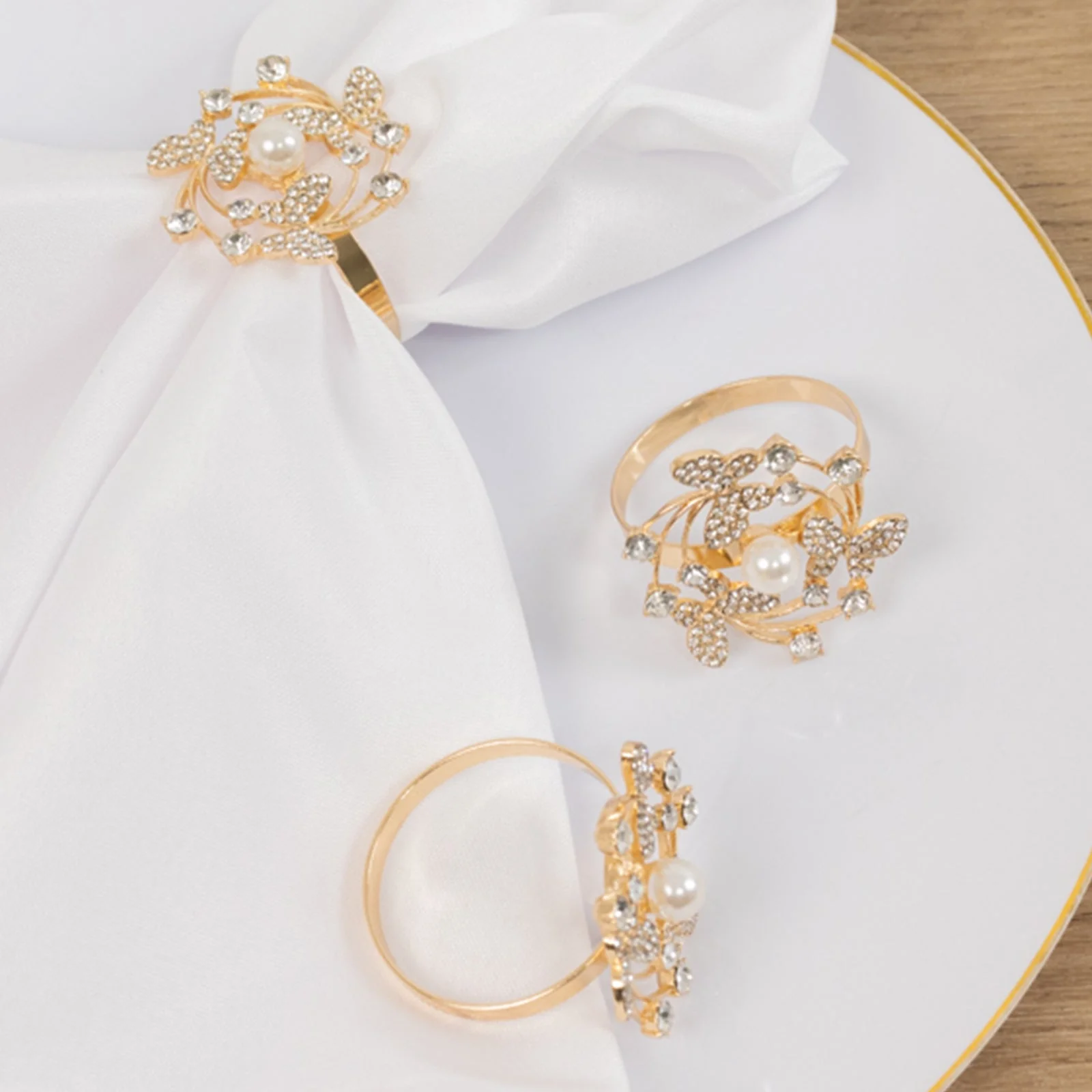 4 Pack Gold Metal Butterfly Napkin Rings with Rhinestones and Pearl Center, Elegant Table Decor for Weddings, Parties, and Special Occasions - Image 4