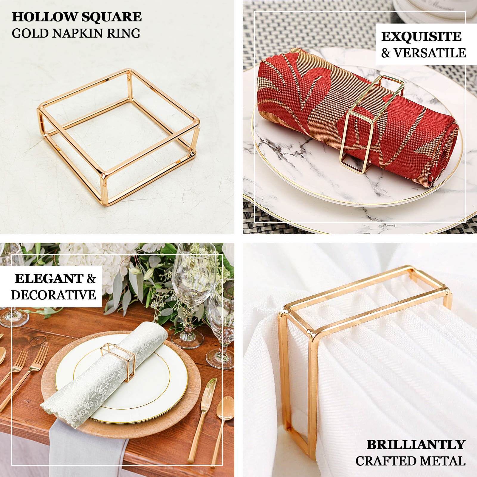 4 Pack Gold Metal Hollow Square Napkin Rings, Modern Geometric Cube Napkin Holders - Image 4