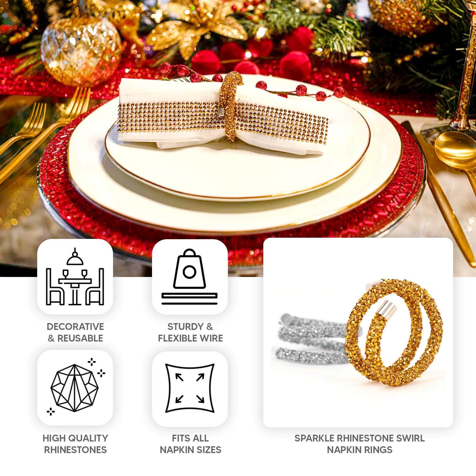4 Pack Gold Sparkle Rhinestone Swirl Napkin Rings, Elegant Cloth Napkin Holders - Image 4
