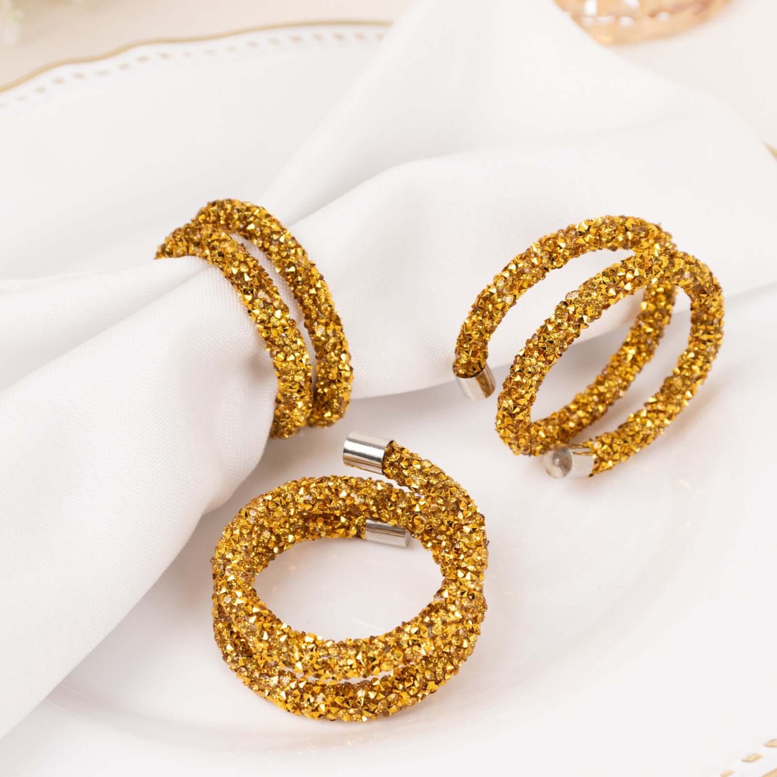 4 Pack Gold Sparkle Rhinestone Swirl Napkin Rings, Elegant Cloth Napkin Holders - Image 6