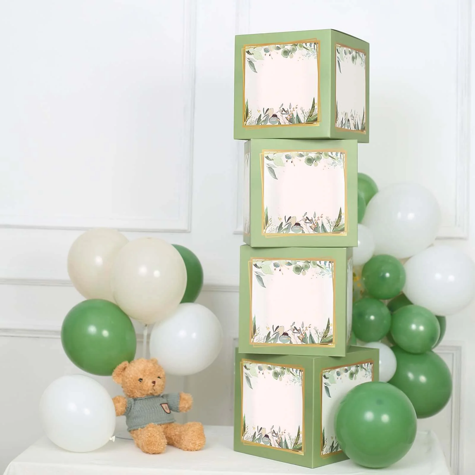 4 Pack Green Foliage Leaves Gender Neutral DIY Prop Balloon Boxes, Boho Design Baby Shower Party Decorations - Image 6