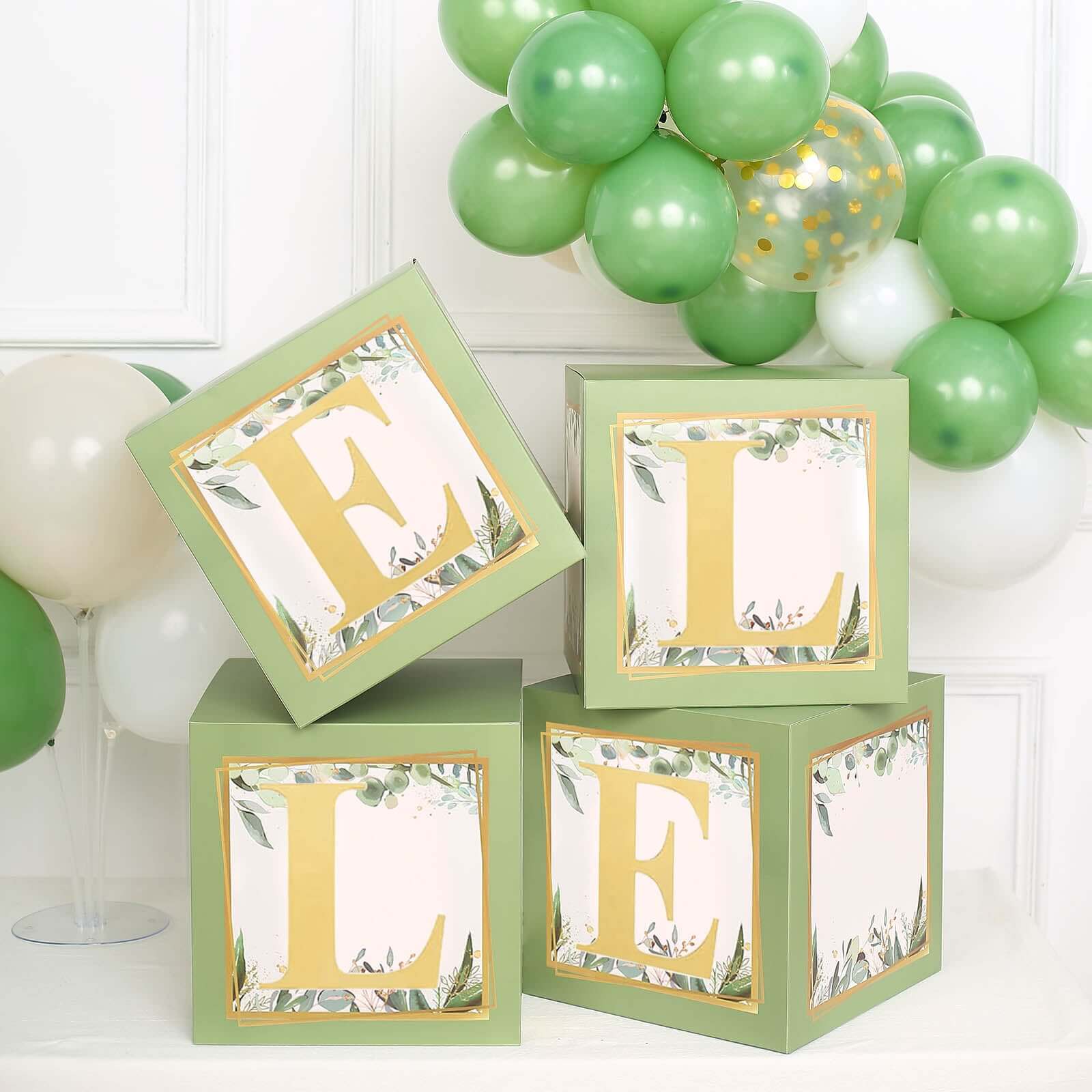 4 Pack Green Foliage Leaves Gender Neutral DIY Prop Balloon Boxes, Boho Design Baby Shower Party Decorations - Image 8