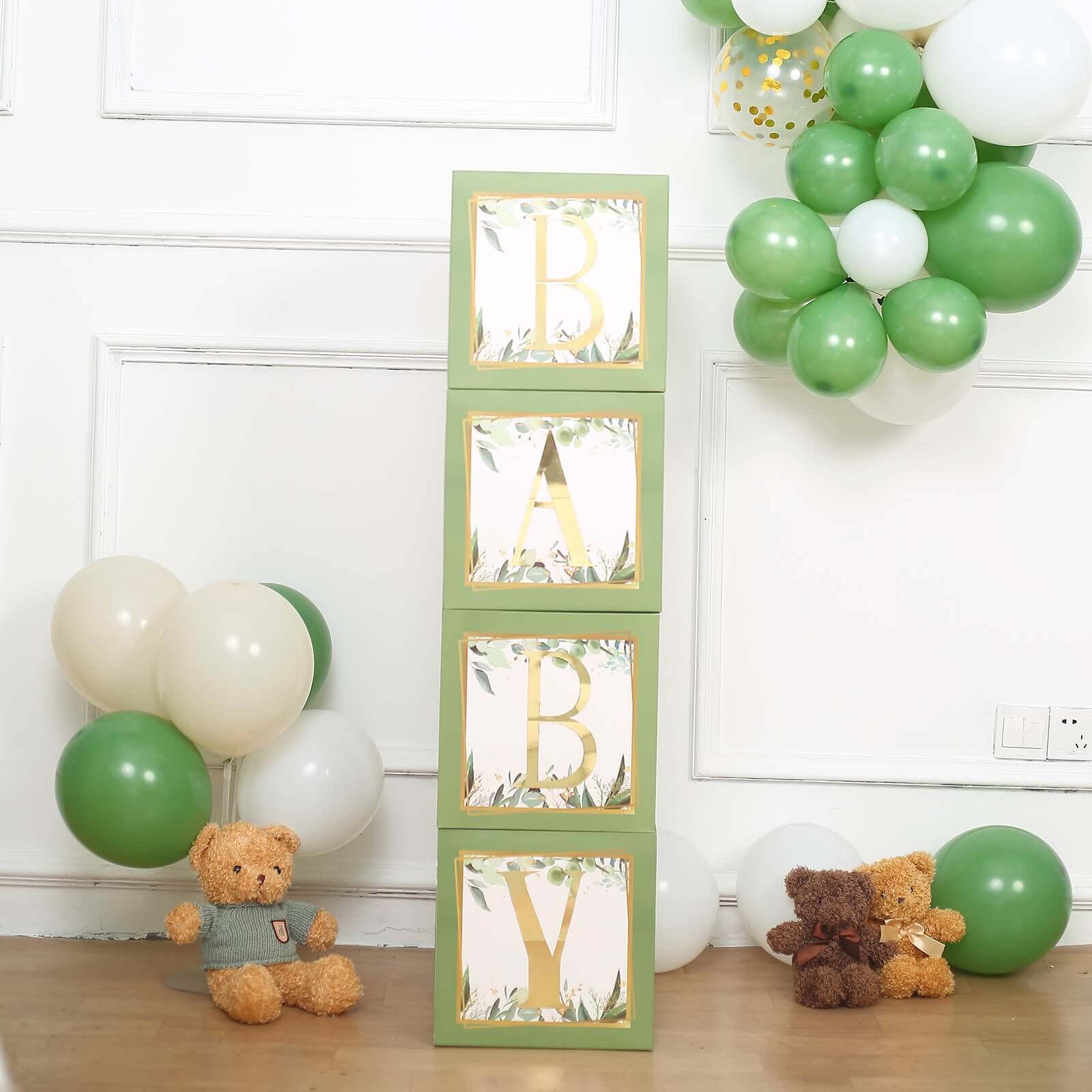 4 Pack Green Foliage Leaves Gender Neutral DIY Prop Balloon Boxes, Boho Design Baby Shower Party Decorations - Image 9