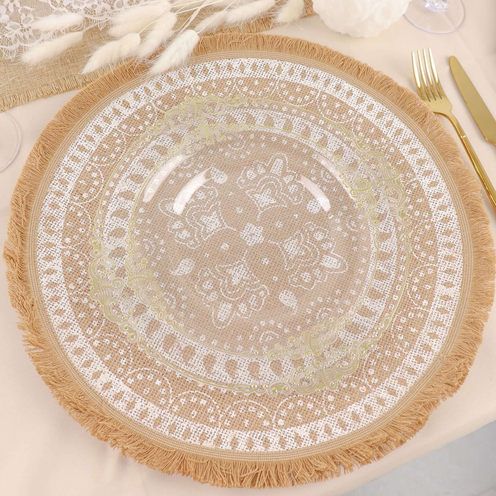 4-Pack Jute and White Placemats 15" Round Fringe Print Design Natural - Rustic Burlap Tassel Table Decor - Image 5