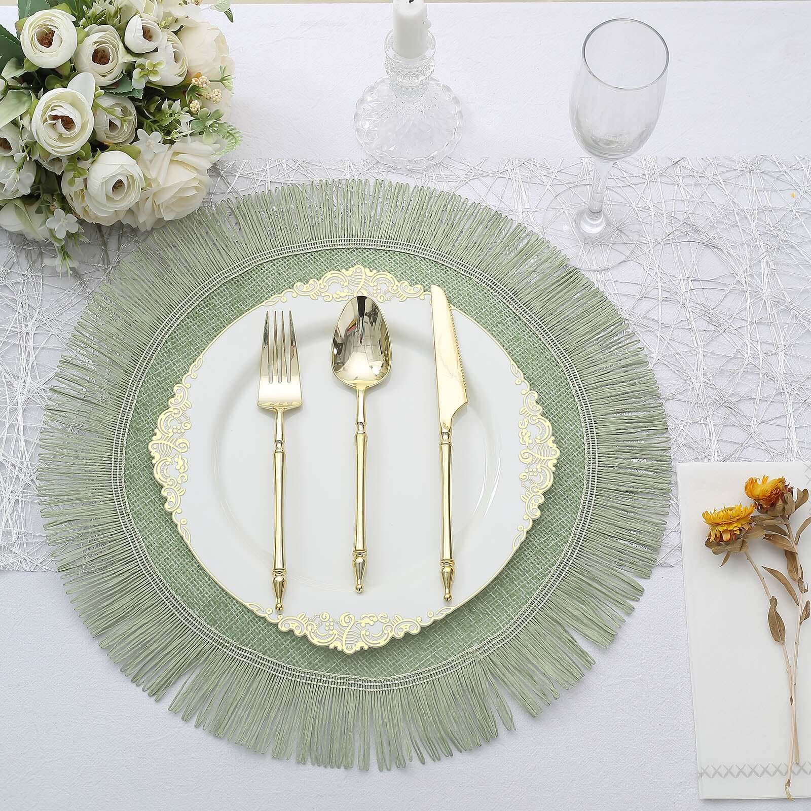 4-Pack Jute Placemats 16" Round Fringe Edge Design Sage Green - Rustic Burlap Dining Mats - Image 2
