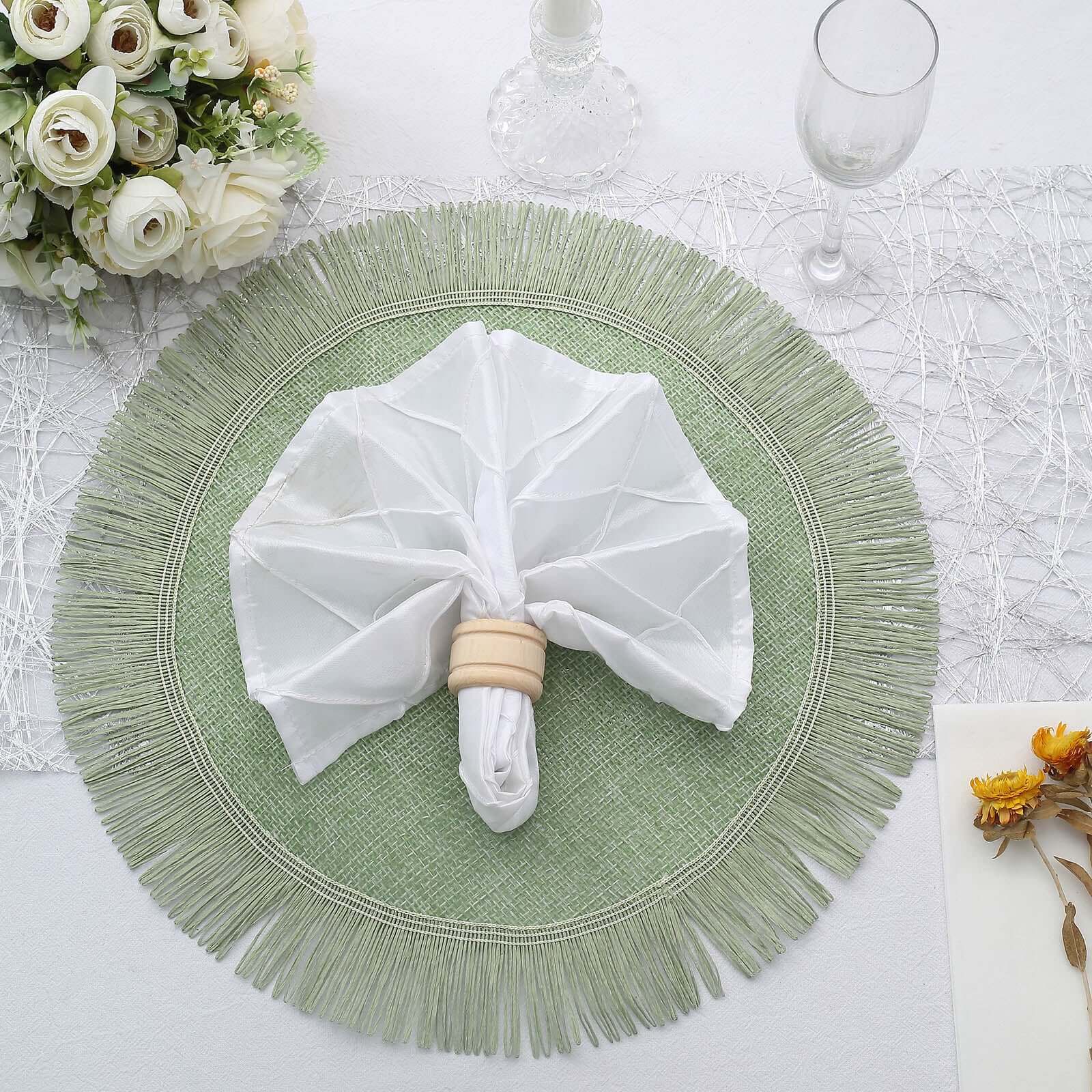 4-Pack Jute Placemats 16" Round Fringe Edge Design Sage Green - Rustic Burlap Dining Mats - Image 5