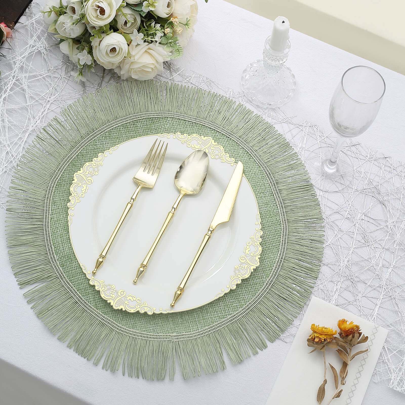 4-Pack Jute Placemats 16" Round Fringe Edge Design Sage Green - Rustic Burlap Dining Mats - Image 8