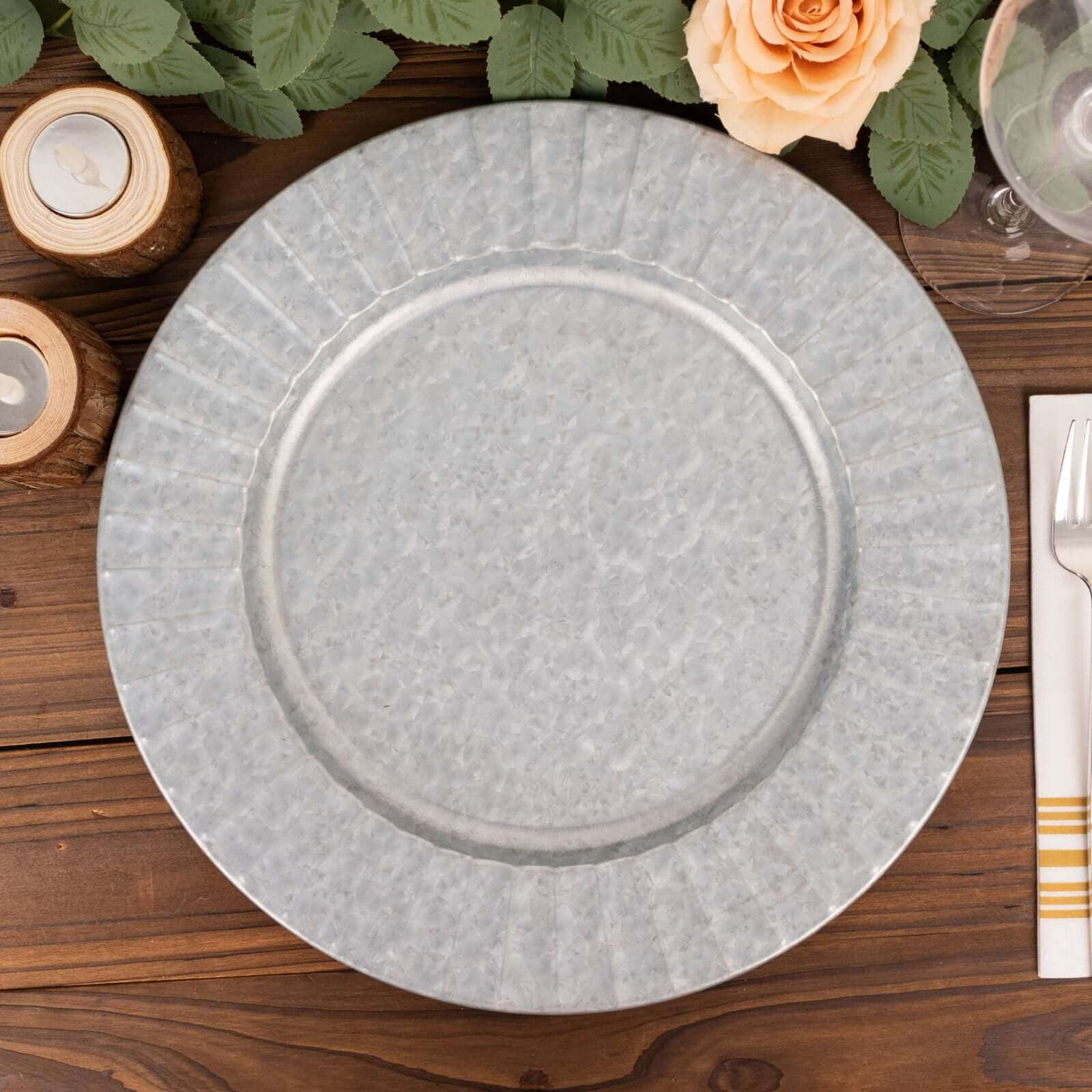 4-Pack Metal Charger Plates 13" Round Silver with Galvanized Ruffled Rim - Sleek Charger Tableware - Image 6