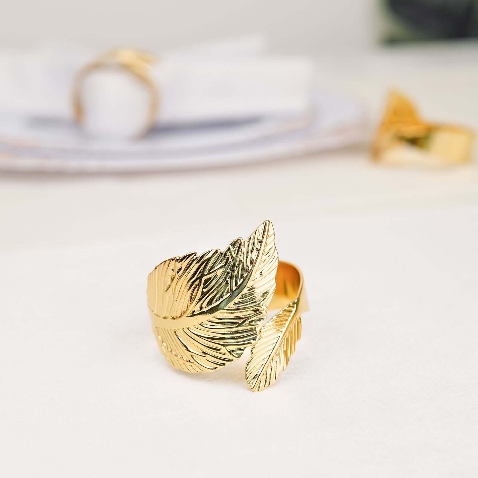 4 Pack Metallic Gold Ornate Leaf Napkin Rings, Linen Napkin Holders - Image 5