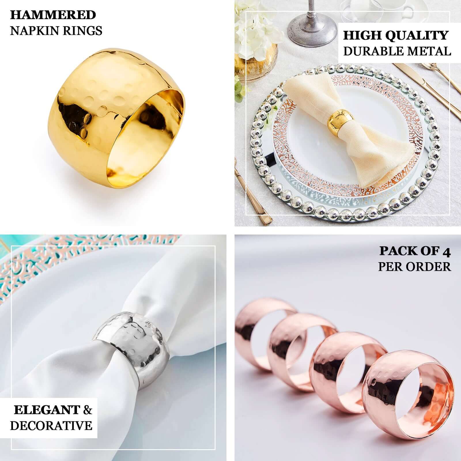 4 Pack Metallic Silver Hammered Pattern Metal Napkin Rings - Image 4