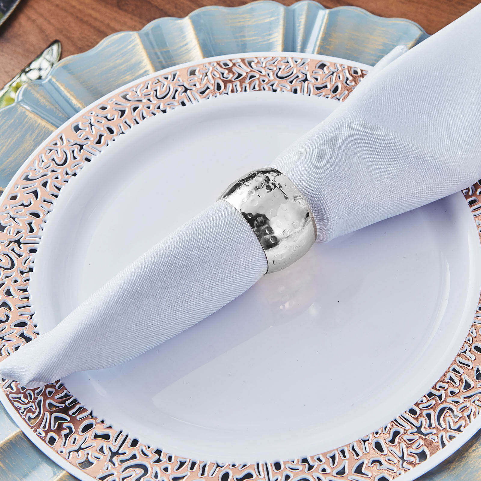 4 Pack Metallic Silver Hammered Pattern Metal Napkin Rings - Image 8