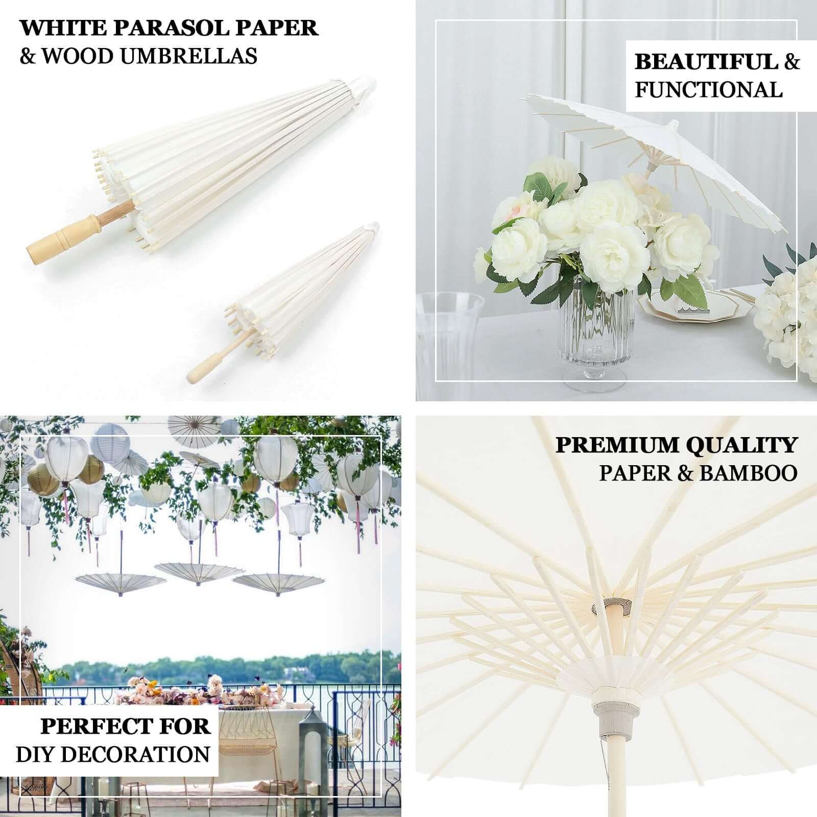 4-Pack Parasol Umbrellas Paper and Bamboo 16" White - Wedding Party Favors and Table Decorations - Image 4