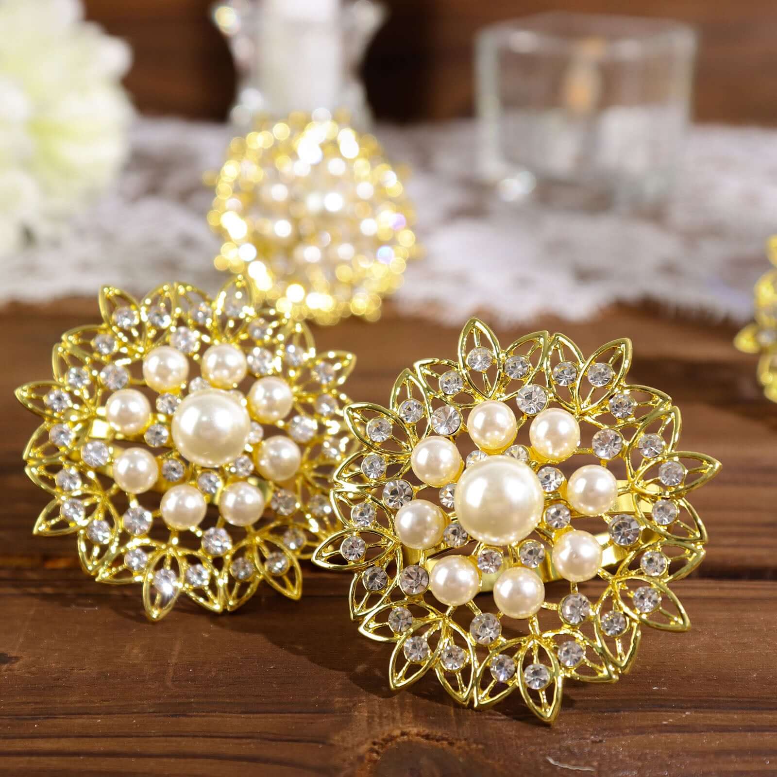 4 Pack Pearl And Diamond Rhinestone Flower Gold Metal Napkin Rings, Decorative Napkin Buckle Holders - Image 2