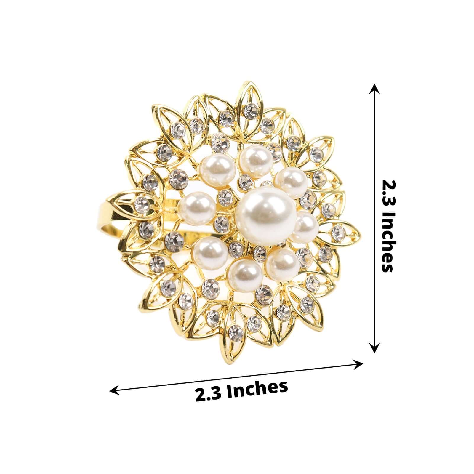 4 Pack Pearl And Diamond Rhinestone Flower Gold Metal Napkin Rings, Decorative Napkin Buckle Holders - Image 3