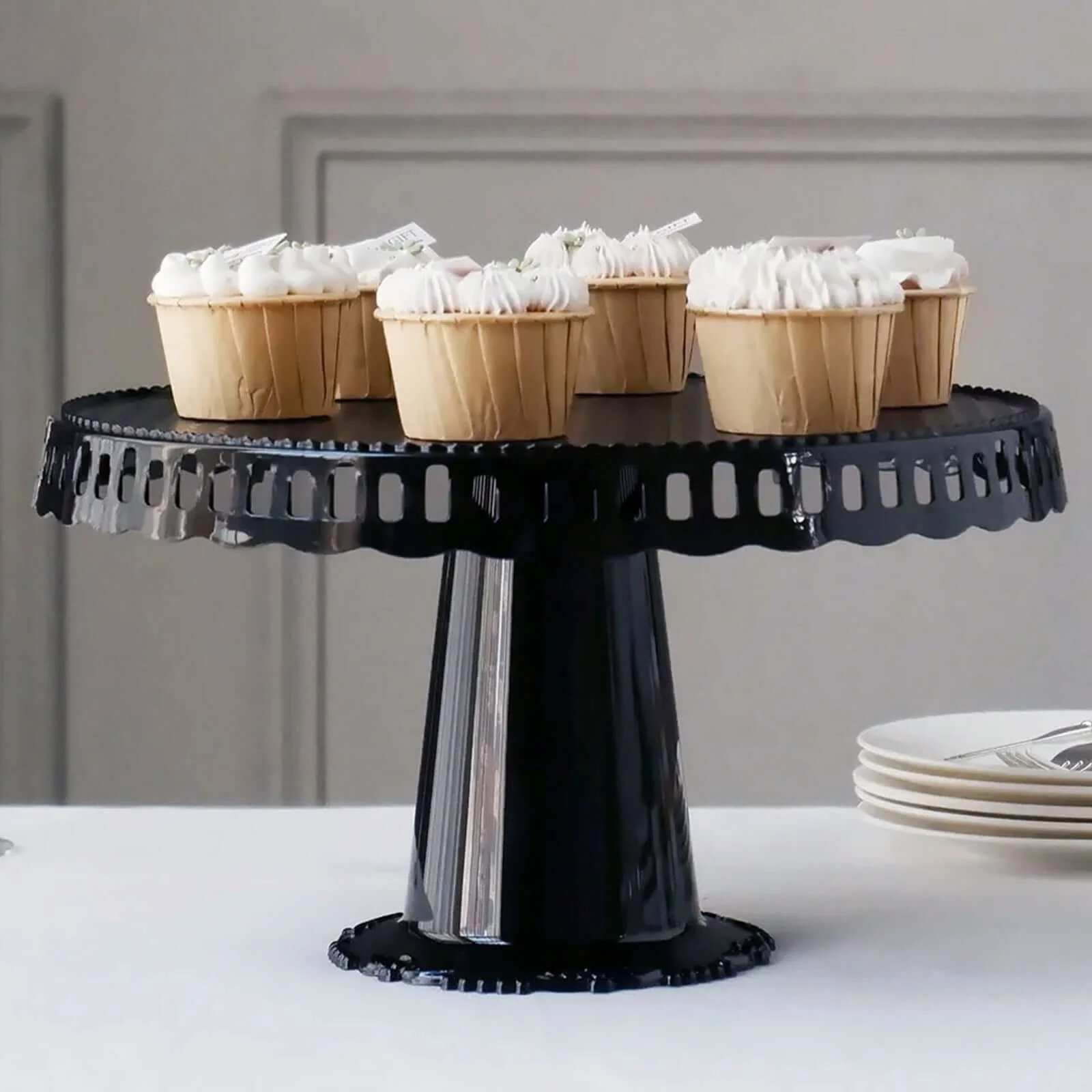 4-Pack Plastic Round Pedestal Cake Stands 13" Black with Hollow Ribbon Trim Edges - Reusable Cupcake Dessert Display Risers
