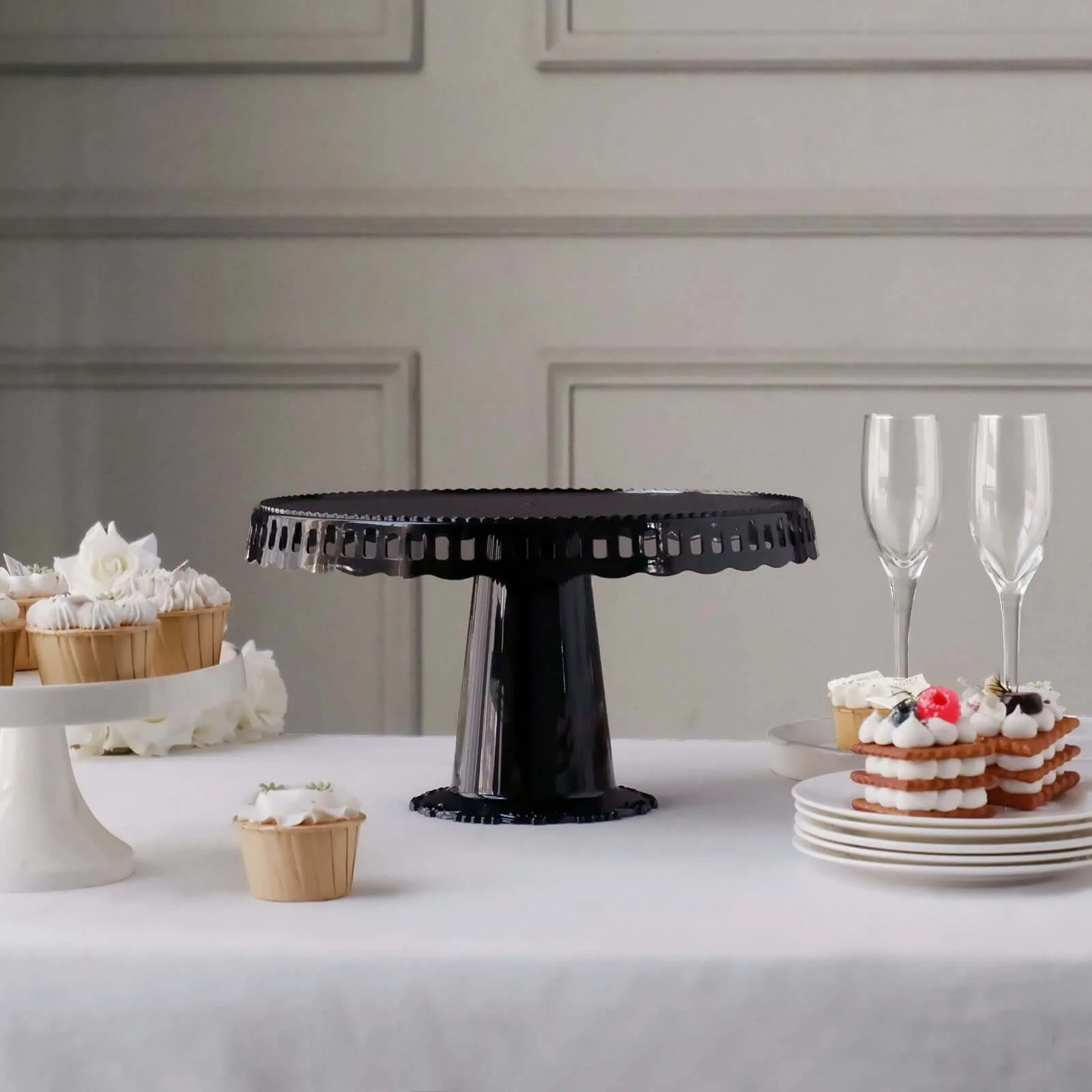4-Pack Plastic Round Pedestal Cake Stands 13" Black with Hollow Ribbon Trim Edges - Reusable Cupcake Dessert Display Risers - Image 2