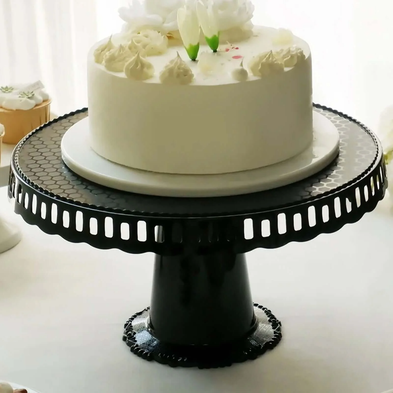 4-Pack Plastic Round Pedestal Cake Stands 13" Black with Hollow Ribbon Trim Edges - Reusable Cupcake Dessert Display Risers - Image 6