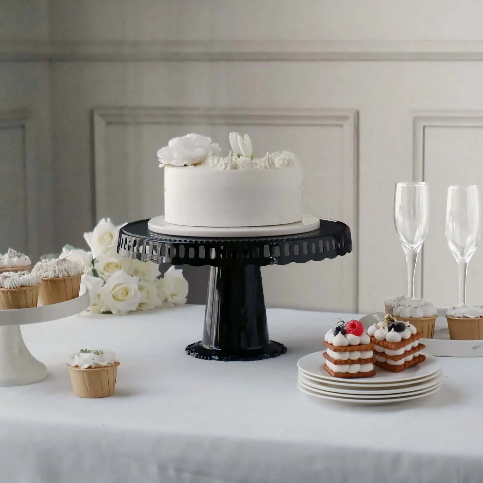 4-Pack Plastic Round Pedestal Cake Stands 13" Black with Hollow Ribbon Trim Edges - Reusable Cupcake Dessert Display Risers - Image 8