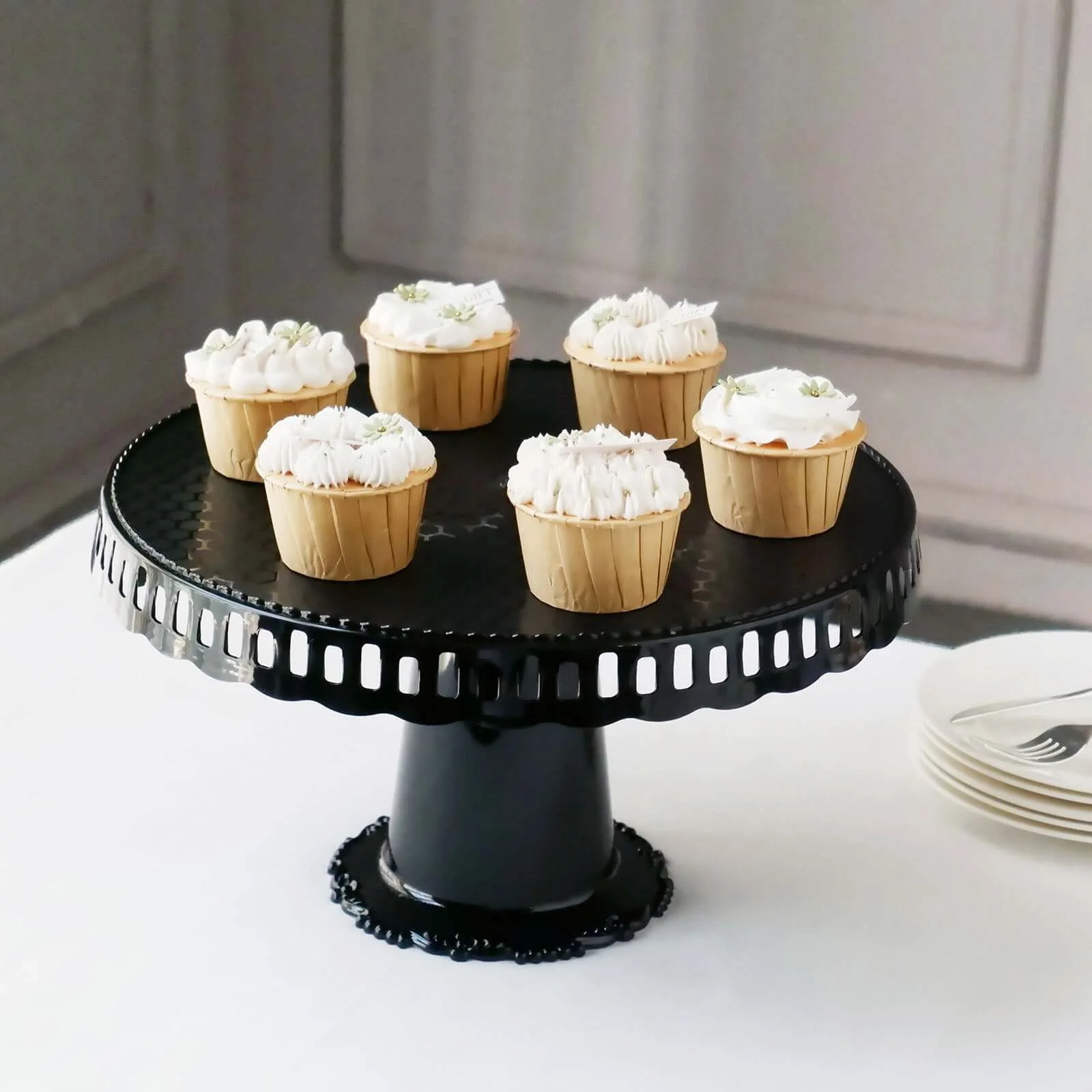 4-Pack Plastic Round Pedestal Cake Stands 13" Black with Hollow Ribbon Trim Edges - Reusable Cupcake Dessert Display Risers - Image 9