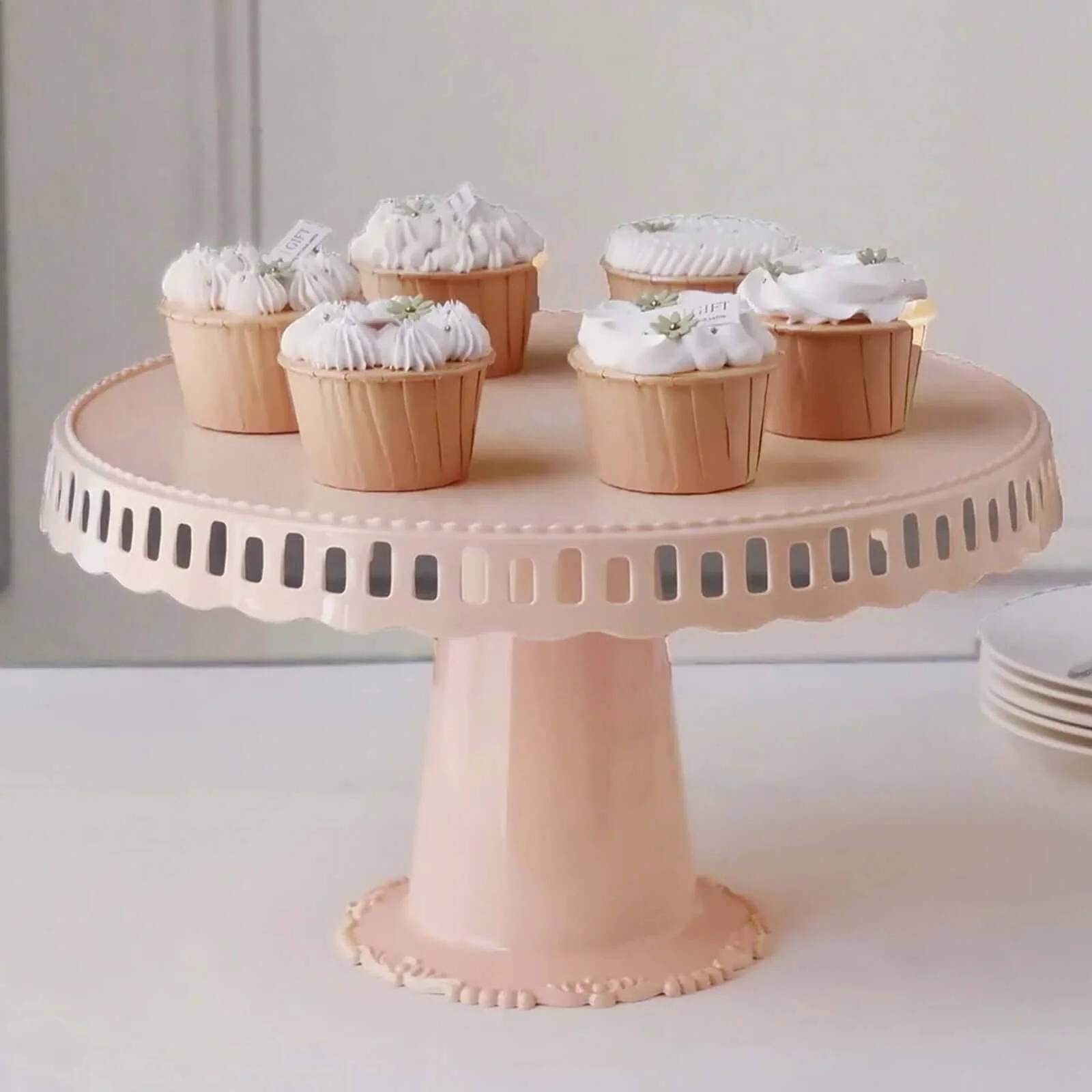 4-Pack Plastic Round Pedestal Cake Stands 13" Blush with Hollow Ribbon Trim Edges - Reusable Cupcake Dessert Display Risers