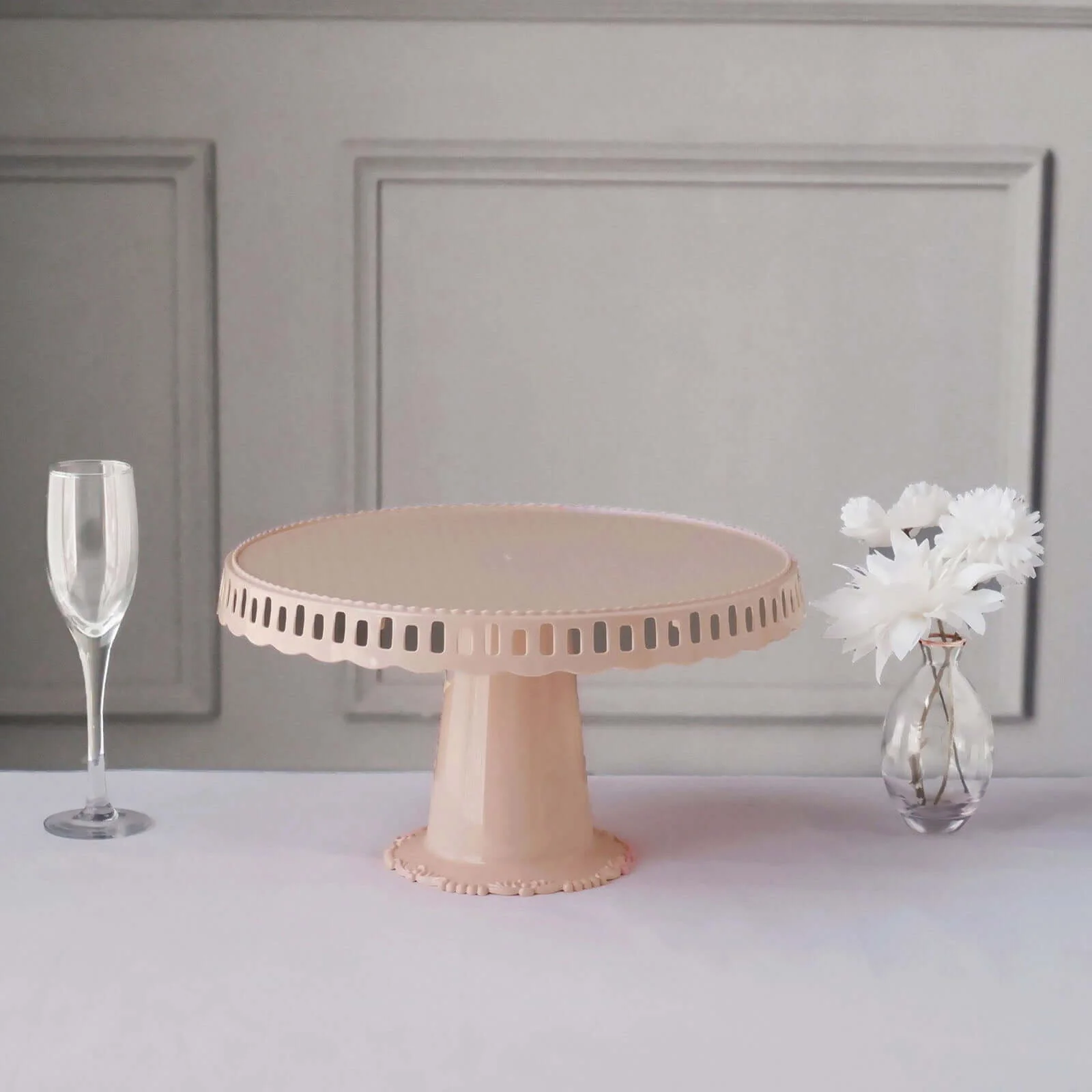 4-Pack Plastic Round Pedestal Cake Stands 13" Blush with Hollow Ribbon Trim Edges - Reusable Cupcake Dessert Display Risers - Image 10