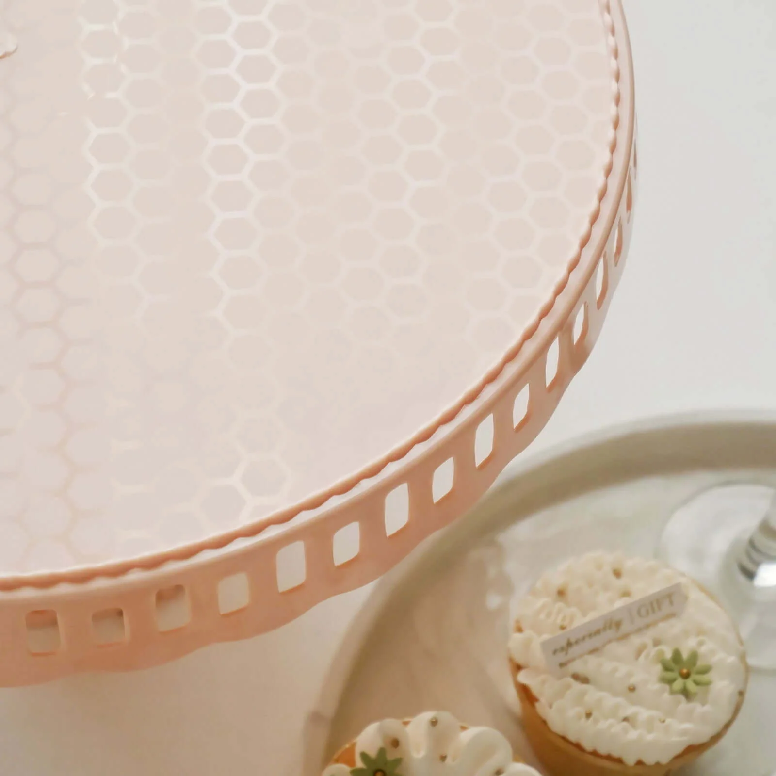 4-Pack Plastic Round Pedestal Cake Stands 13" Blush with Hollow Ribbon Trim Edges - Reusable Cupcake Dessert Display Risers - Image 12