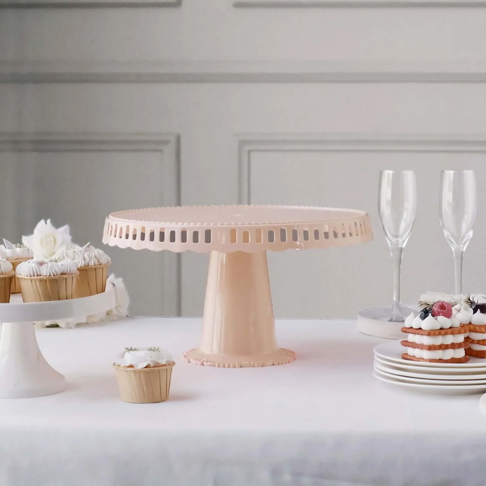 4-Pack Plastic Round Pedestal Cake Stands 13" Blush with Hollow Ribbon Trim Edges - Reusable Cupcake Dessert Display Risers - Image 2