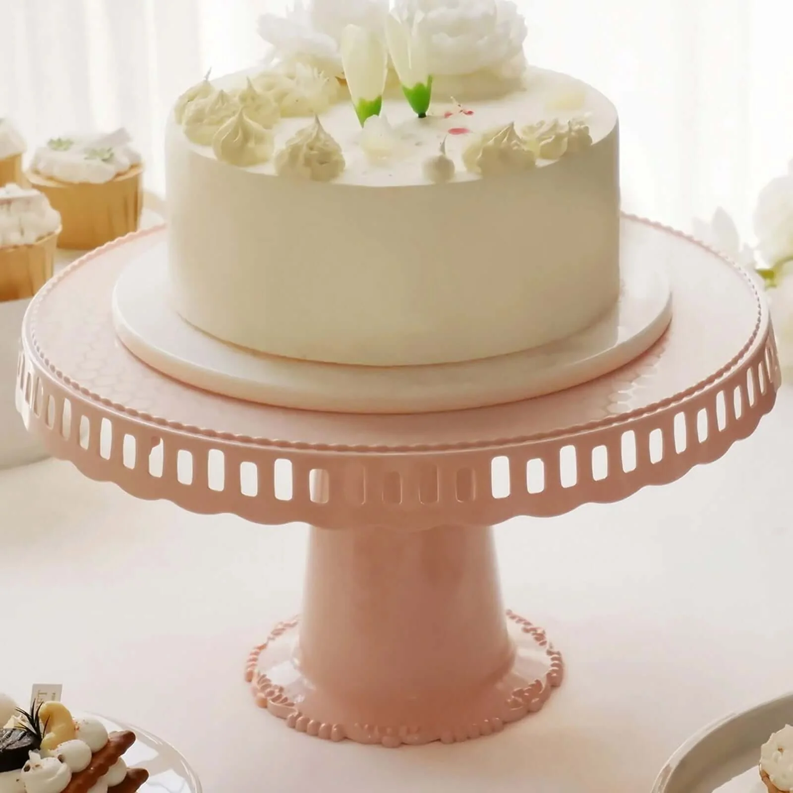 4-Pack Plastic Round Pedestal Cake Stands 13" Blush with Hollow Ribbon Trim Edges - Reusable Cupcake Dessert Display Risers - Image 6