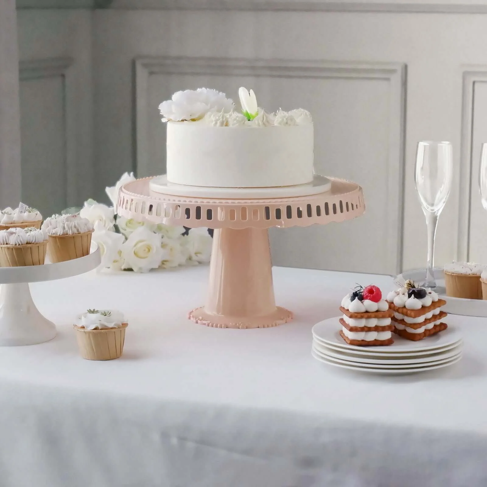 4-Pack Plastic Round Pedestal Cake Stands 13" Blush with Hollow Ribbon Trim Edges - Reusable Cupcake Dessert Display Risers - Image 8