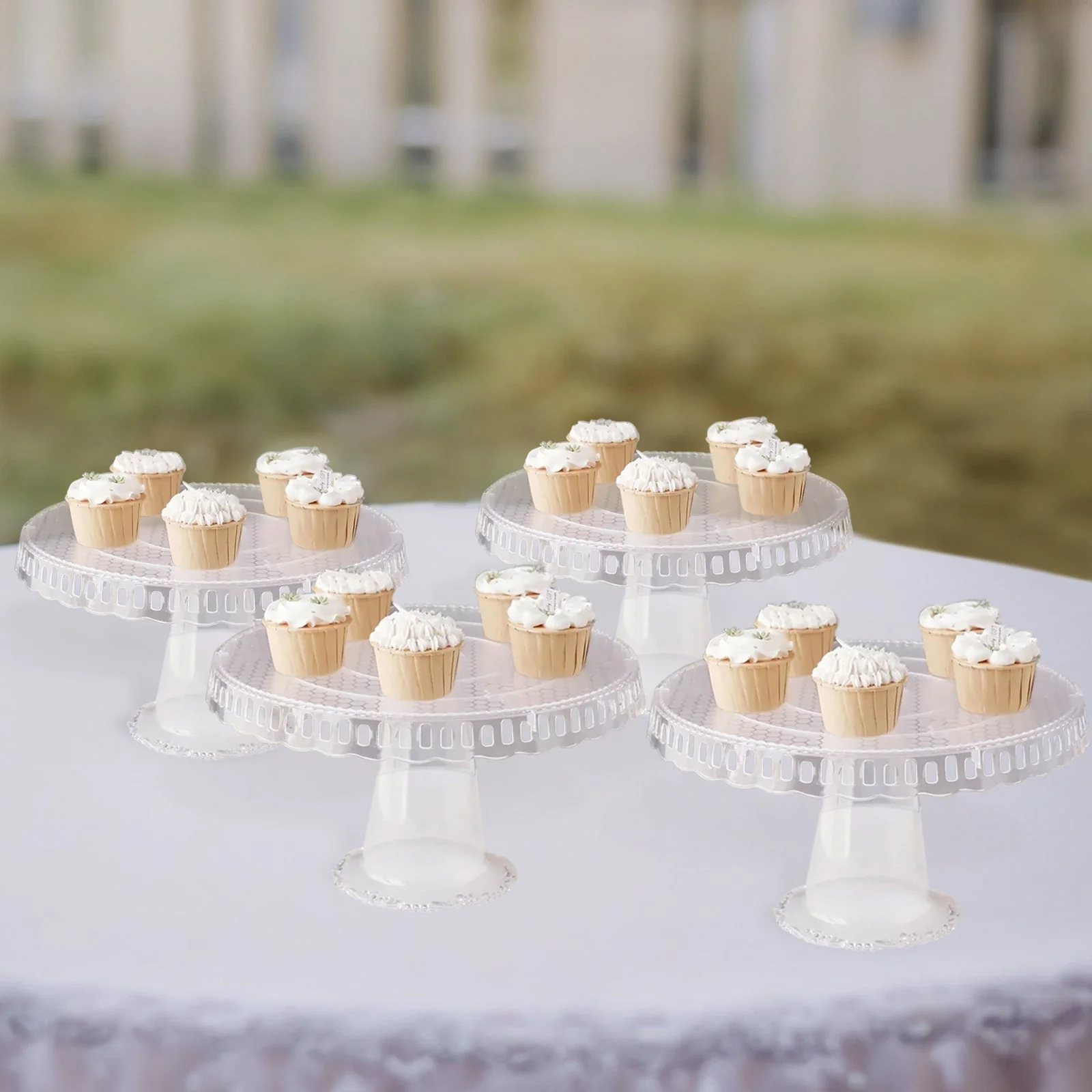 4-Pack Plastic Round Pedestal Cake Stands 13" Clear with Hollow Ribbon Trim Edges - Reusable Cupcake Dessert Display Risers