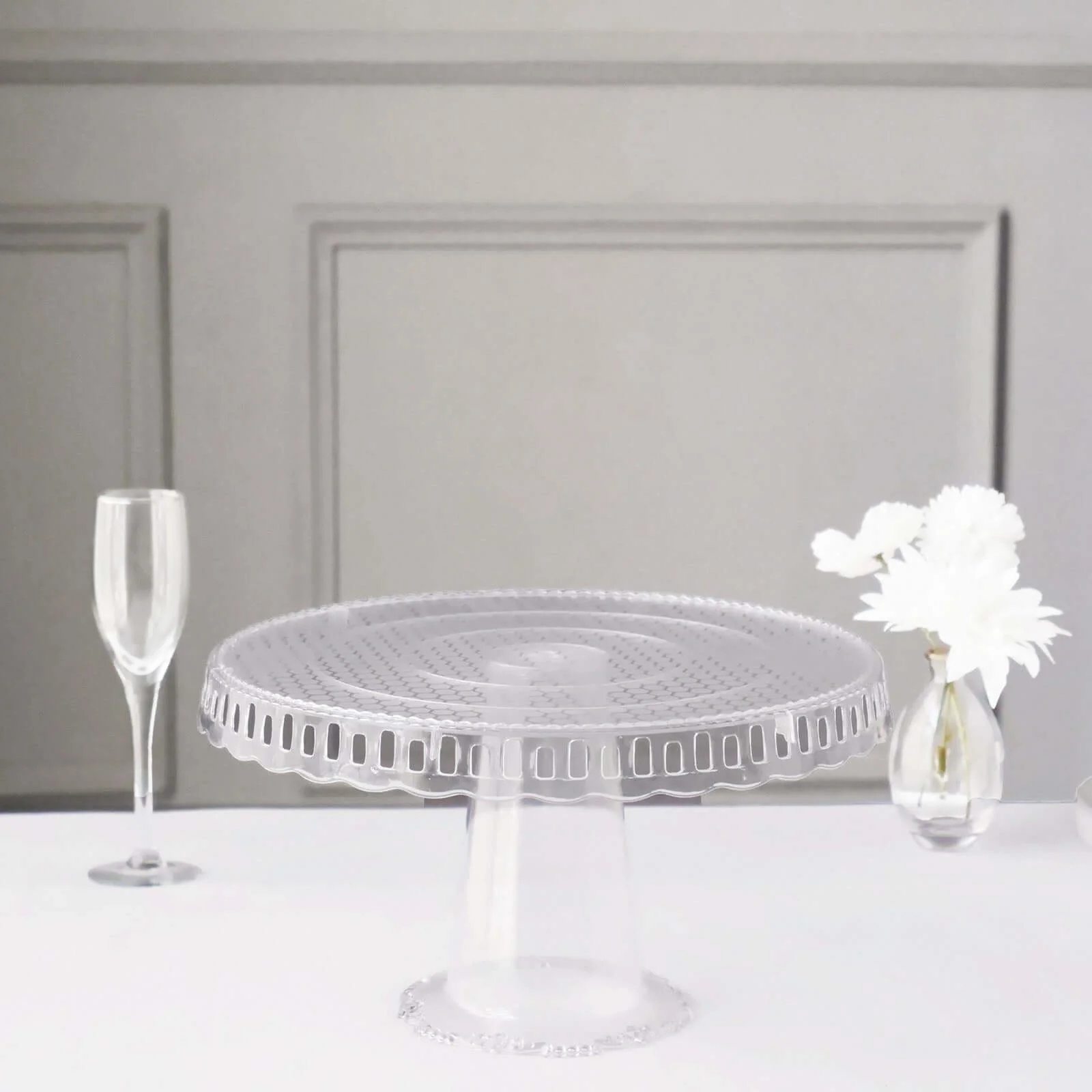 4-Pack Plastic Round Pedestal Cake Stands 13" Clear with Hollow Ribbon Trim Edges - Reusable Cupcake Dessert Display Risers - Image 10