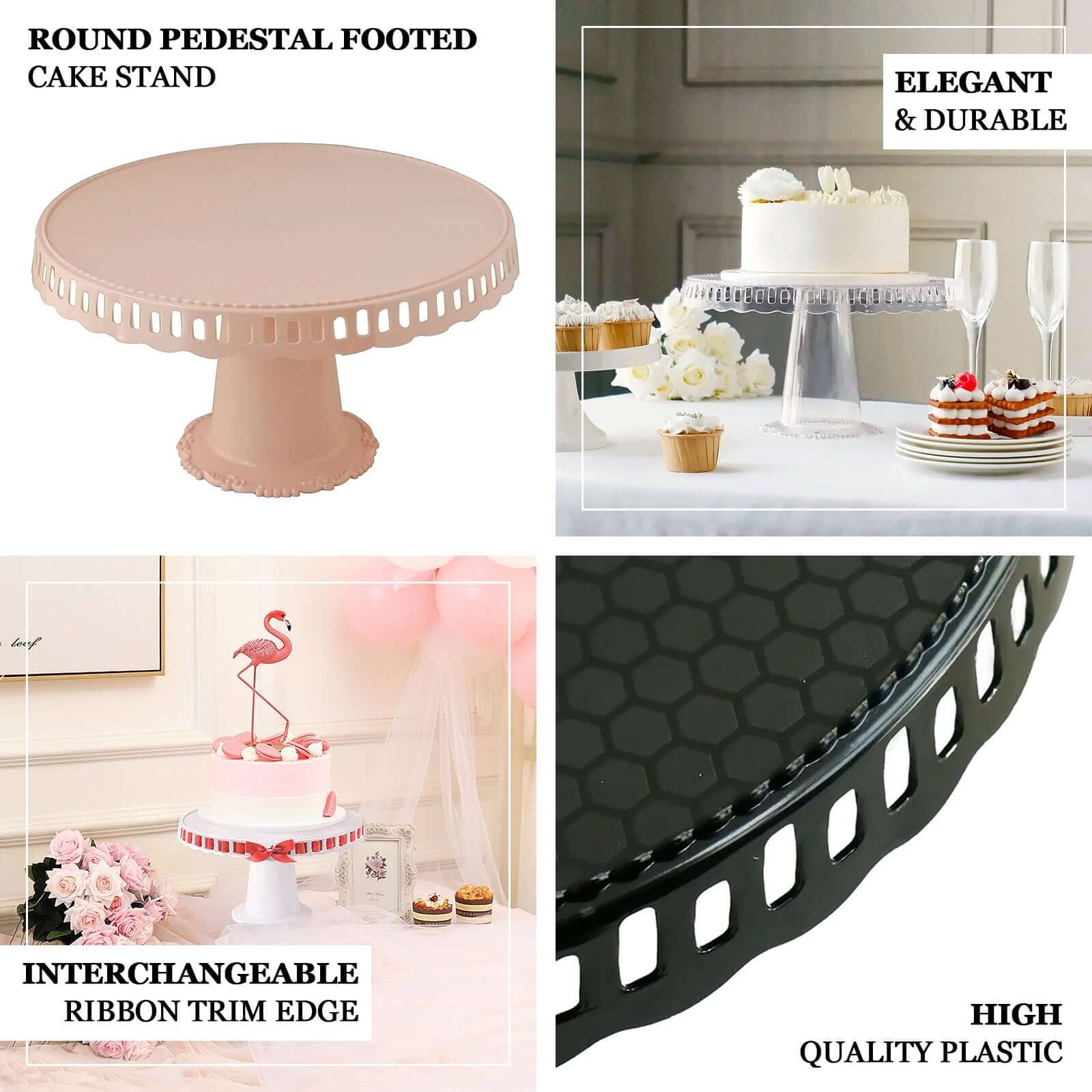 4-Pack Plastic Round Pedestal Cake Stands 13" Clear with Hollow Ribbon Trim Edges - Reusable Cupcake Dessert Display Risers - Image 4