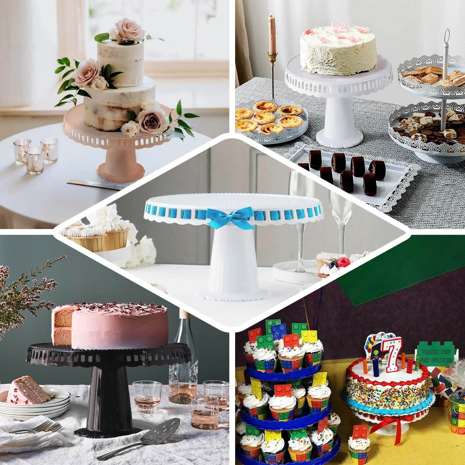 4-Pack Plastic Round Pedestal Cake Stands 13" Clear with Hollow Ribbon Trim Edges - Reusable Cupcake Dessert Display Risers - Image 5