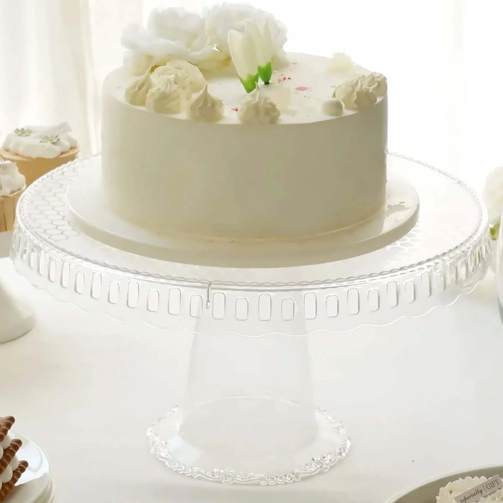 4-Pack Plastic Round Pedestal Cake Stands 13" Clear with Hollow Ribbon Trim Edges - Reusable Cupcake Dessert Display Risers - Image 6