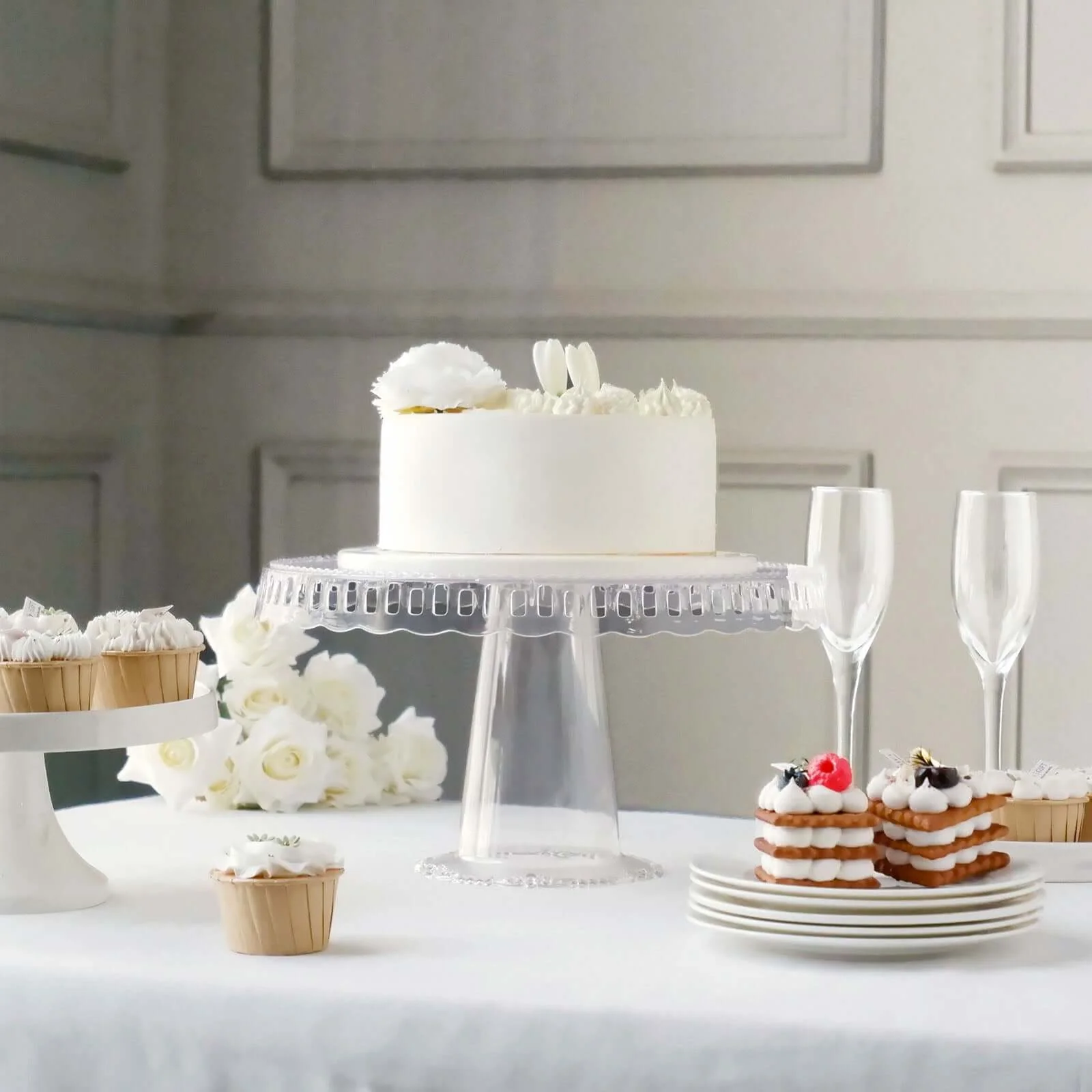 4-Pack Plastic Round Pedestal Cake Stands 13" Clear with Hollow Ribbon Trim Edges - Reusable Cupcake Dessert Display Risers - Image 8