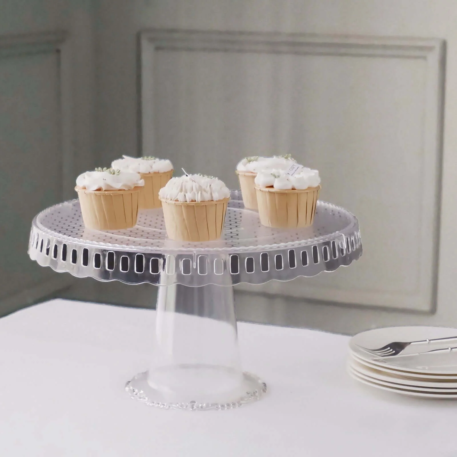 4-Pack Plastic Round Pedestal Cake Stands 13" Clear with Hollow Ribbon Trim Edges - Reusable Cupcake Dessert Display Risers - Image 9