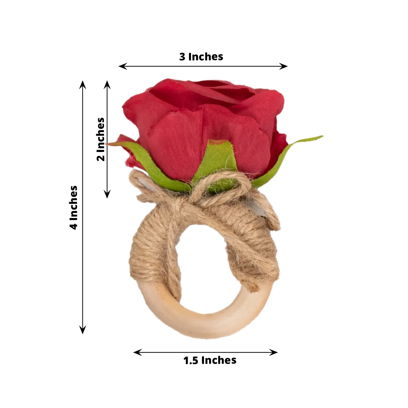 4 Pack Red Silk Rose Flower Wooden Napkin Rings, Rustic Boho Chic Floral Napkin Holders - 4" - Image 2